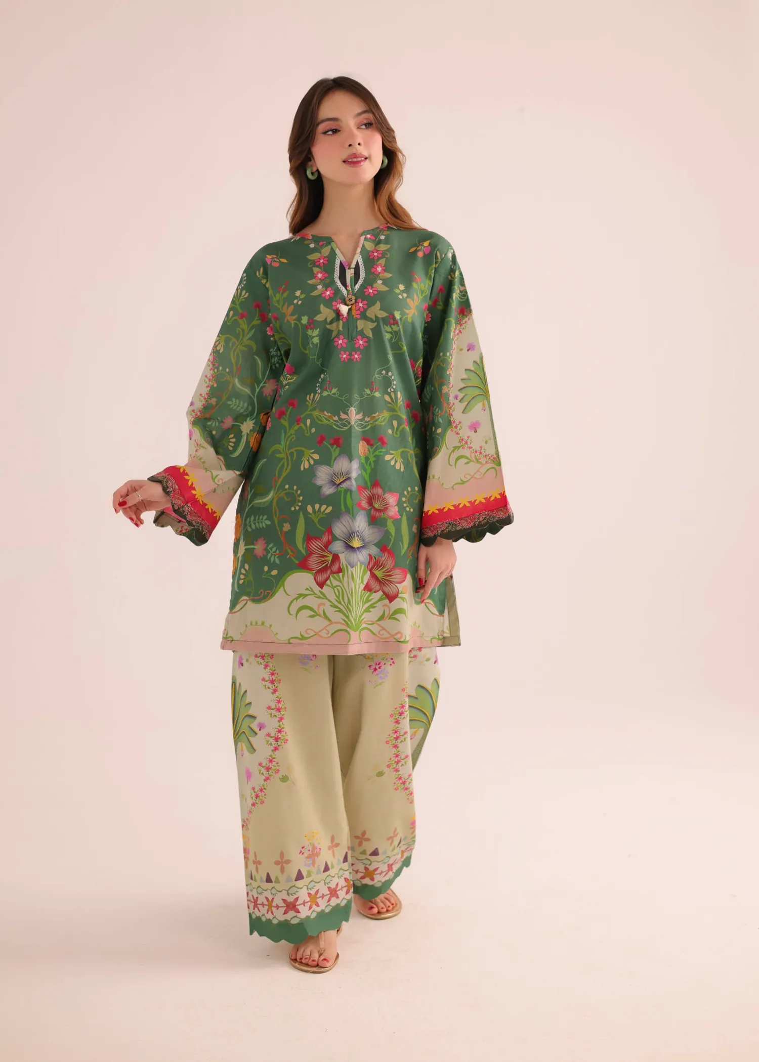 Poly Lawn Kurta Set in Green