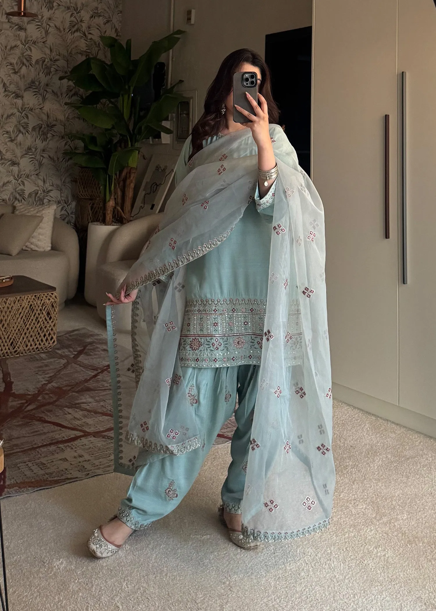 Embroidered Kurta Set in Sky Blue