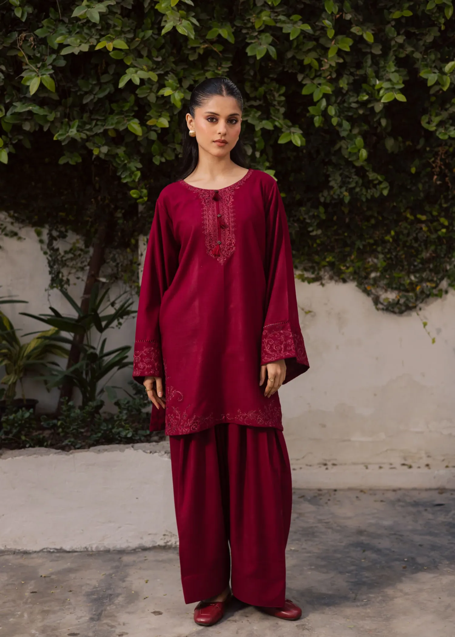 Lawn Kurta Set in Blood Red