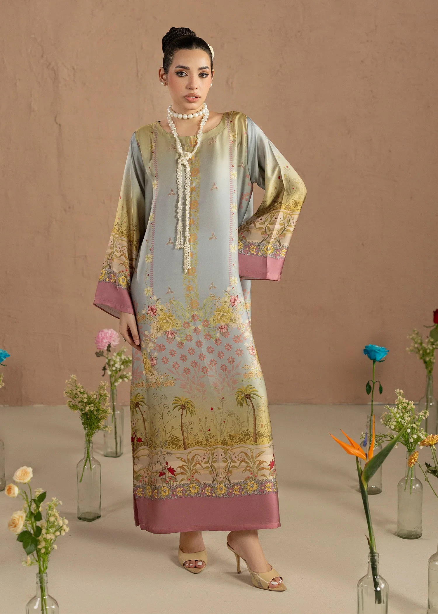Silk Charmeuse Kaftan in Grey