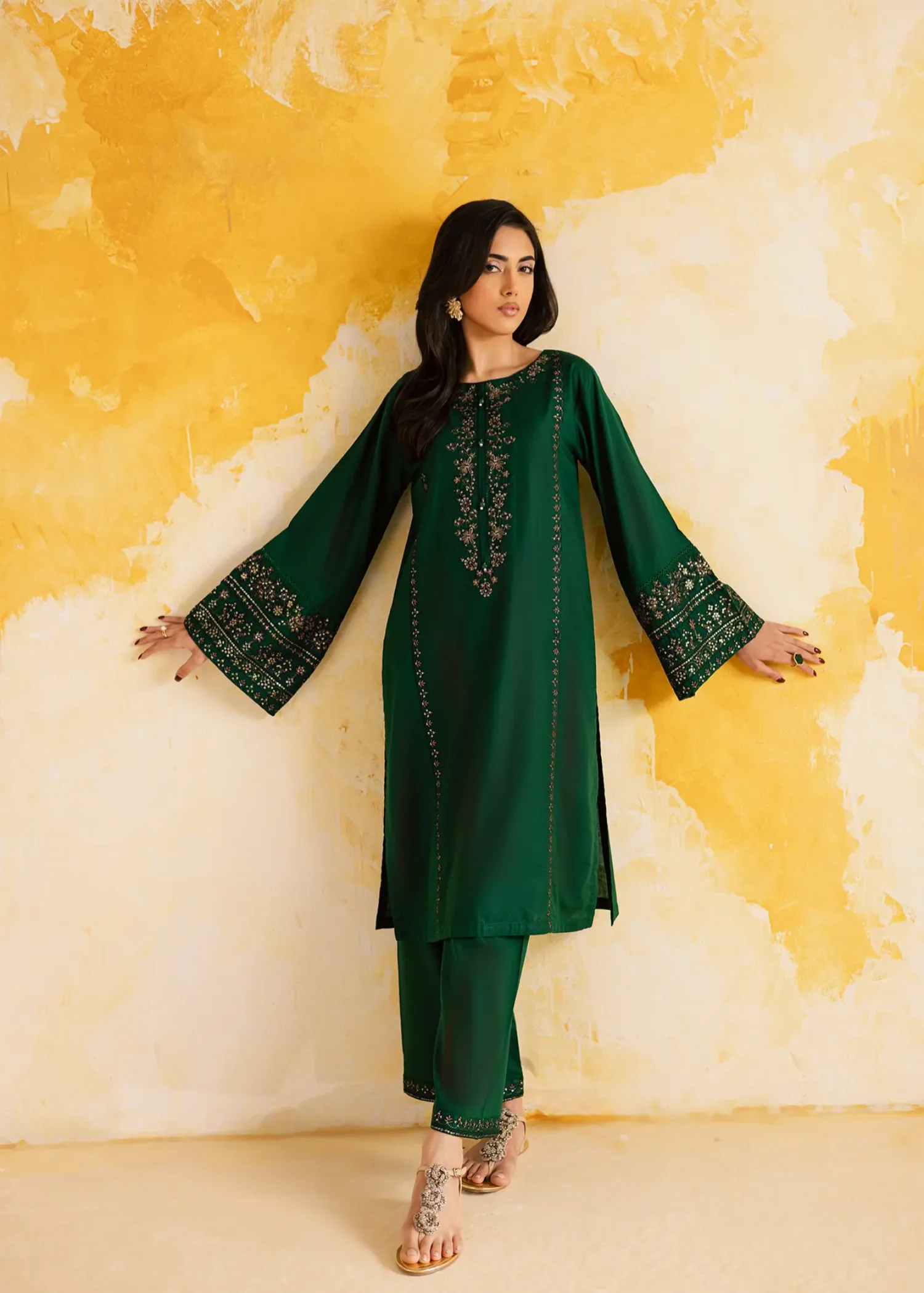 Cotton Kurta Set in Bottle Green