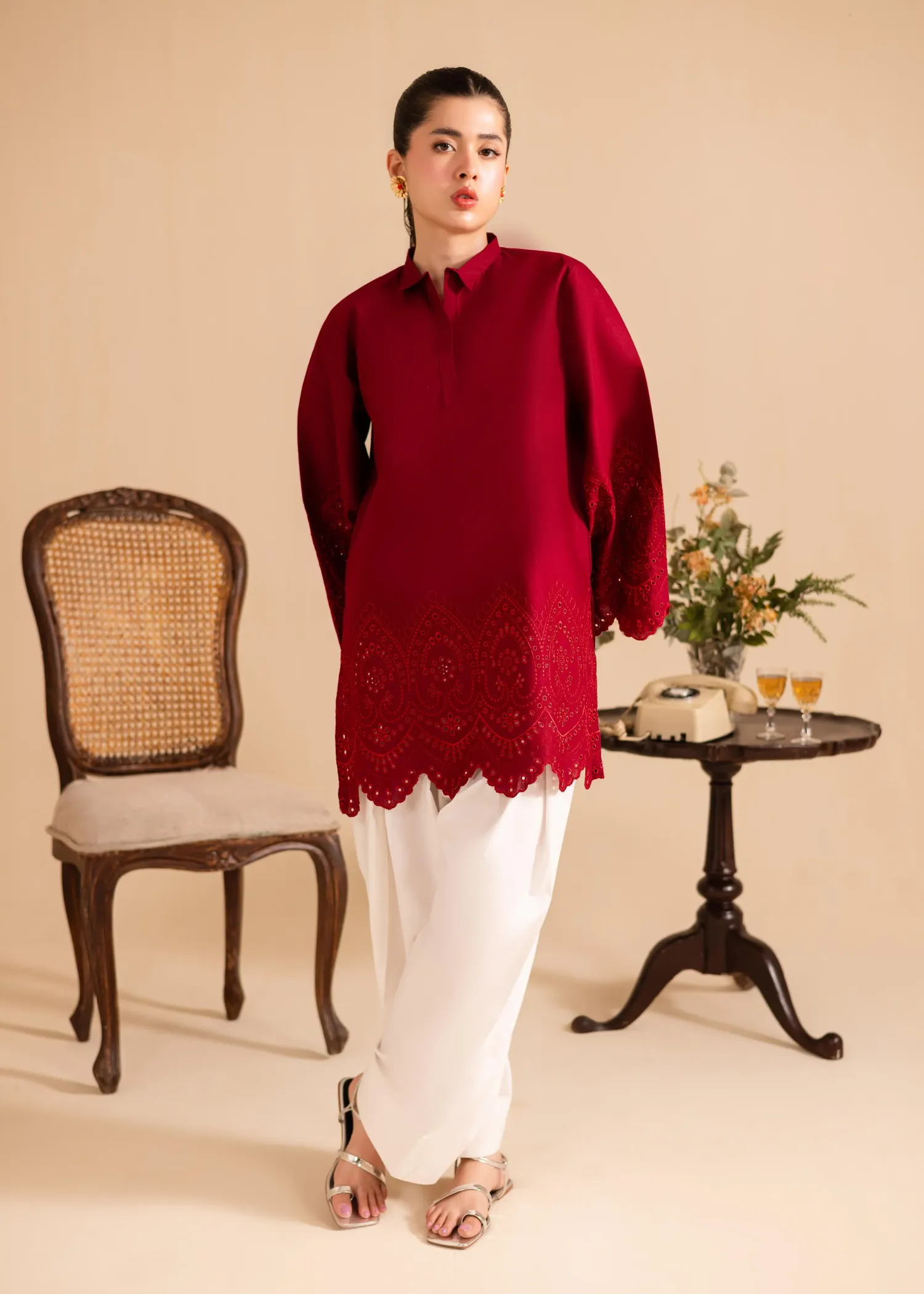 Lawn Kurta Set in Blood Red