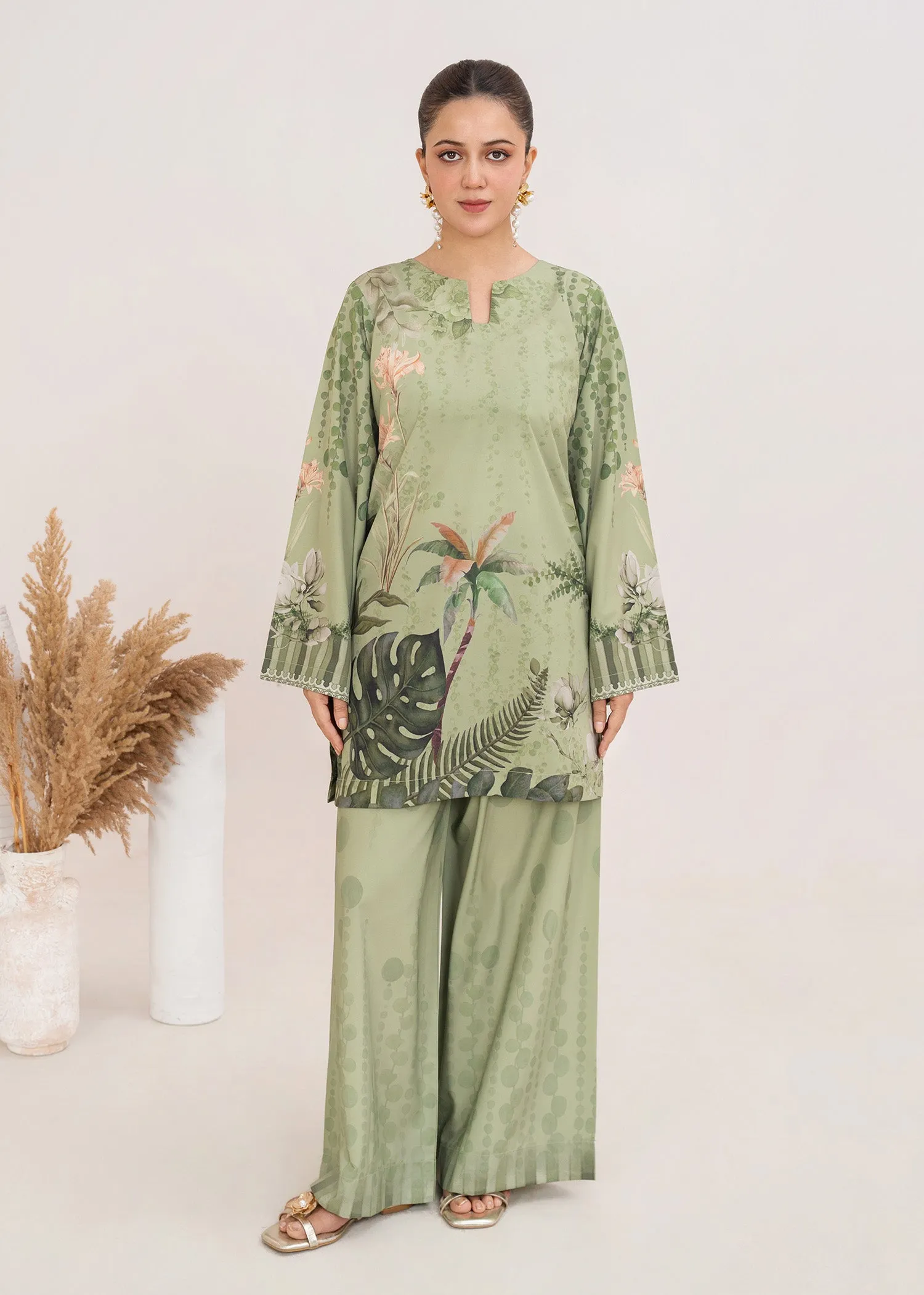 Poly Lawn Kurta Set in Pistachio Green