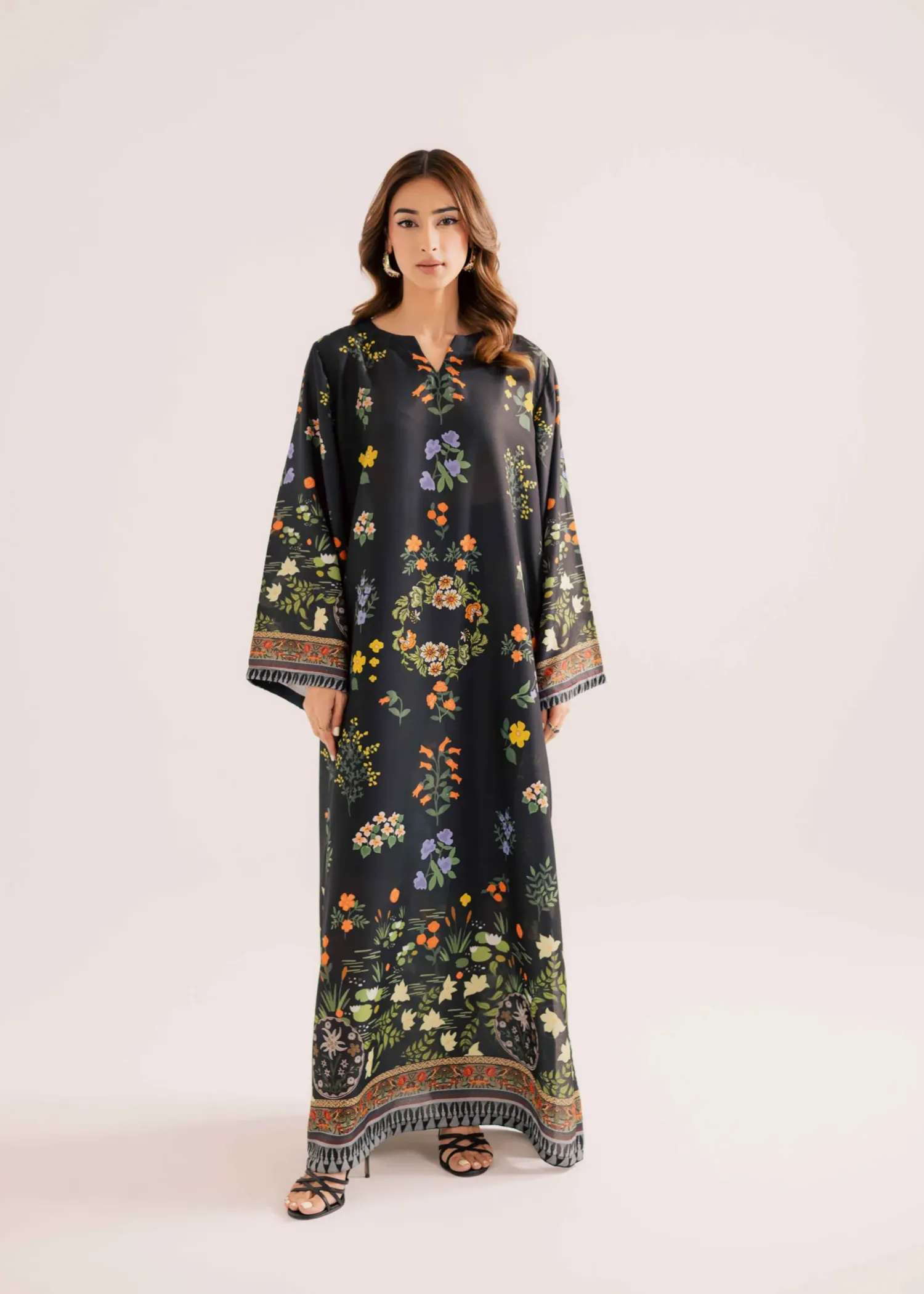 Raw Silk Kaftan in Black