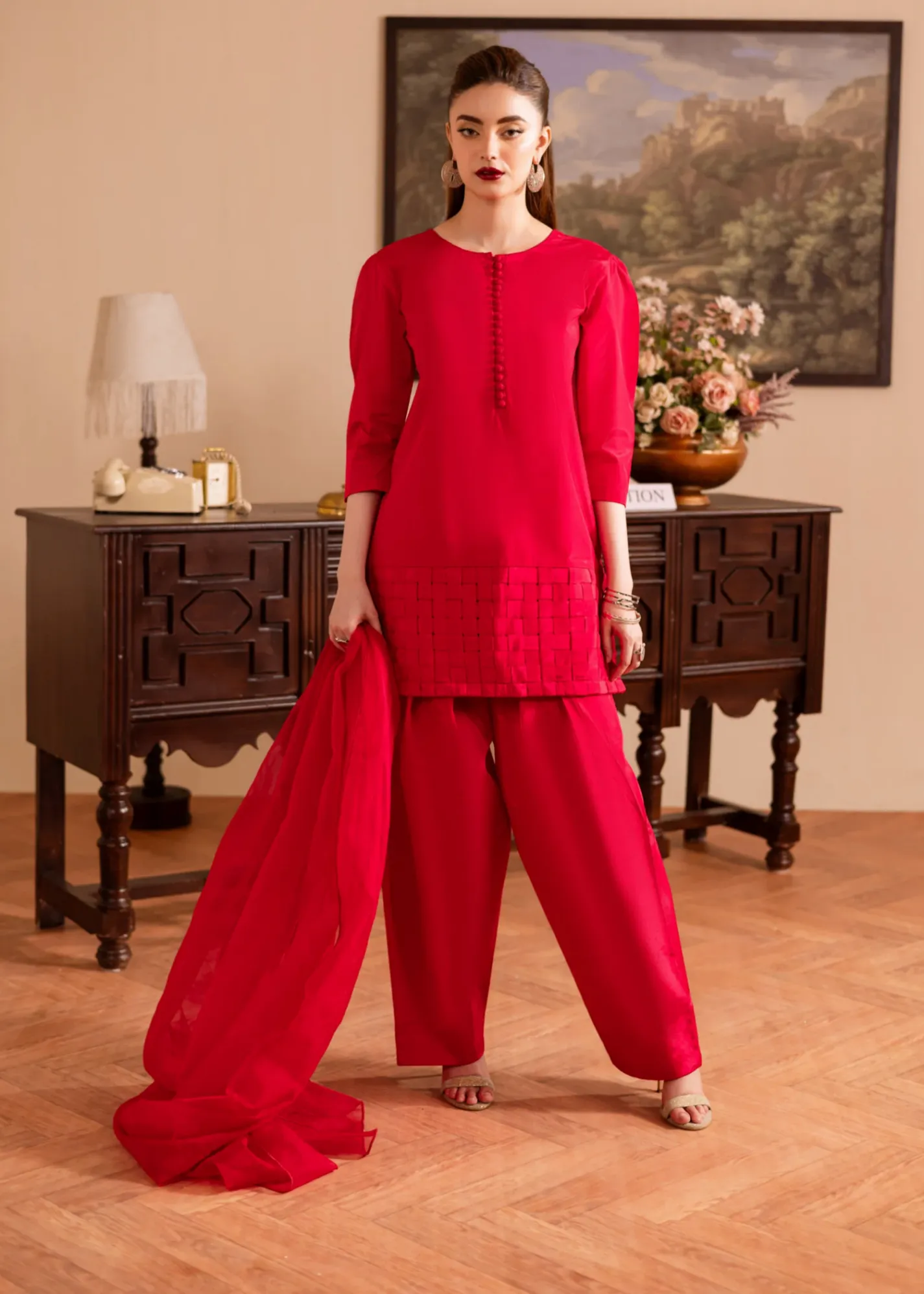 Poly Silk Kurta Set in Shocking Pink