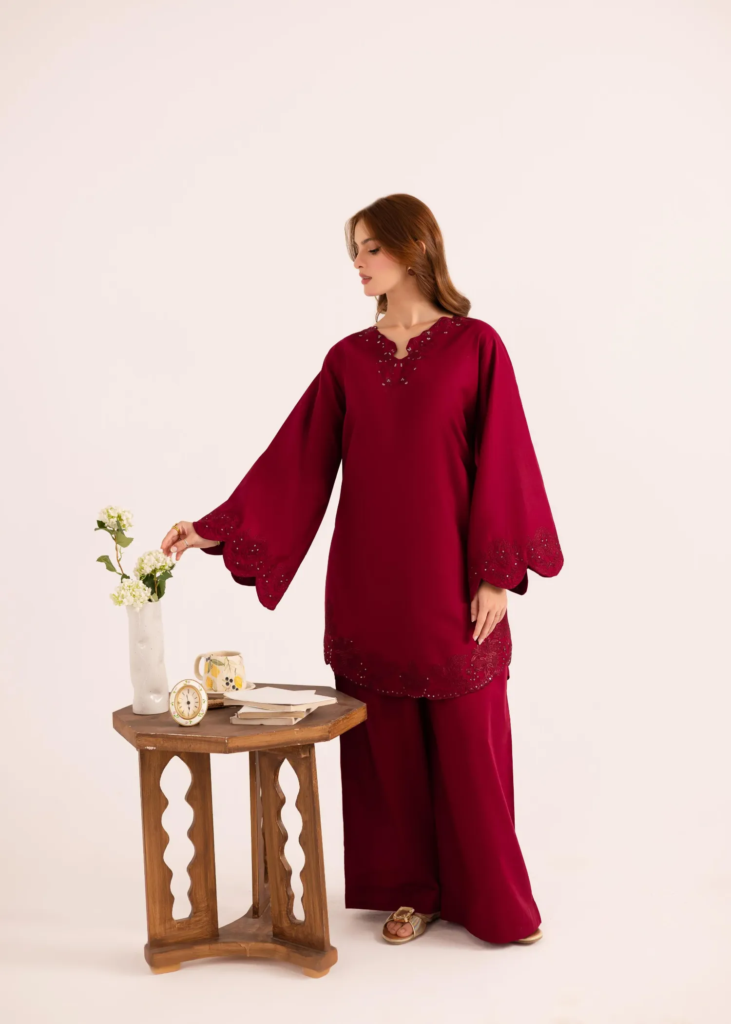 Lawn Kurta Set in Blood Red