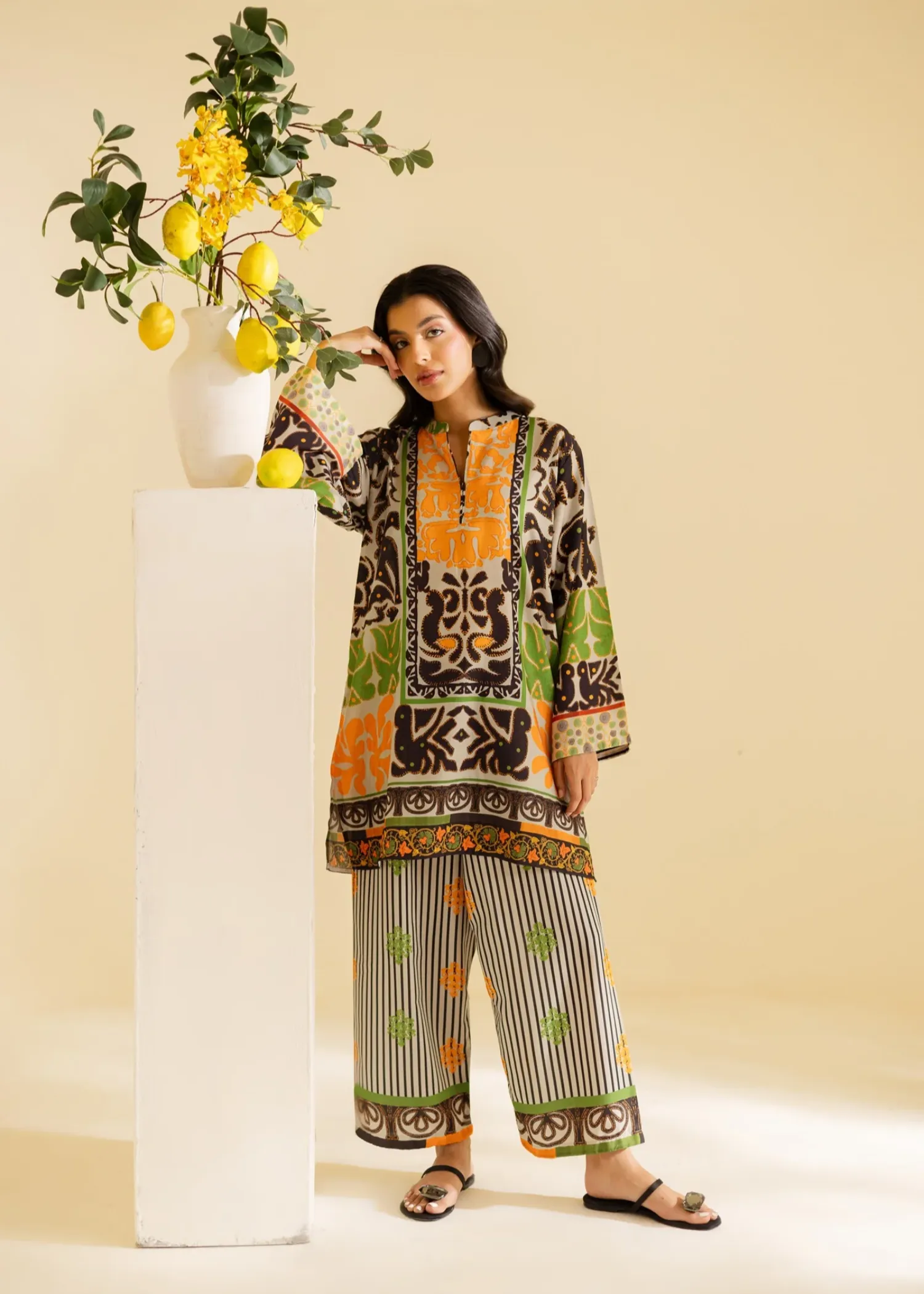 Poly Lawn Kurta Set in Multi