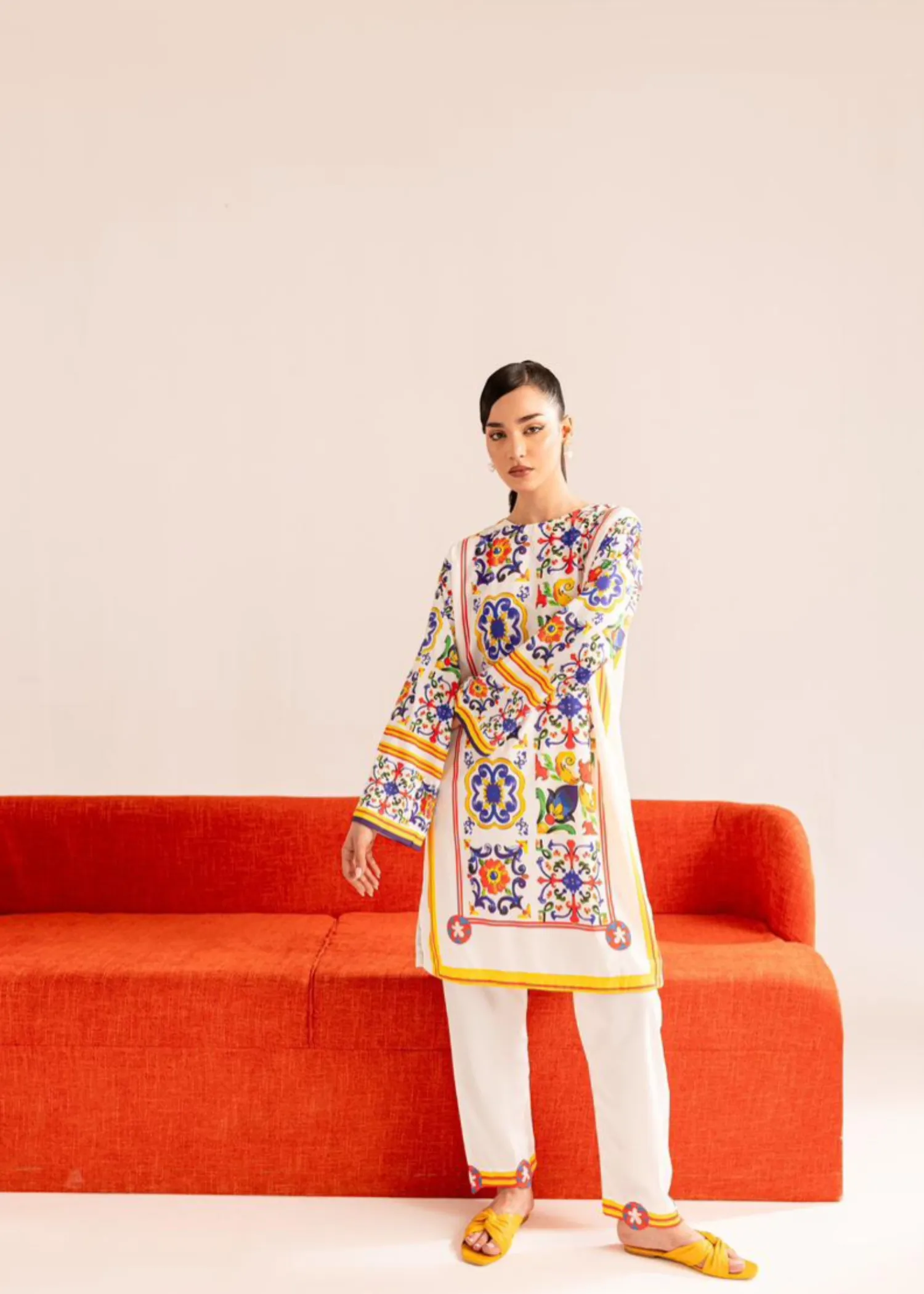 Poly Lawn Kurta Set in White