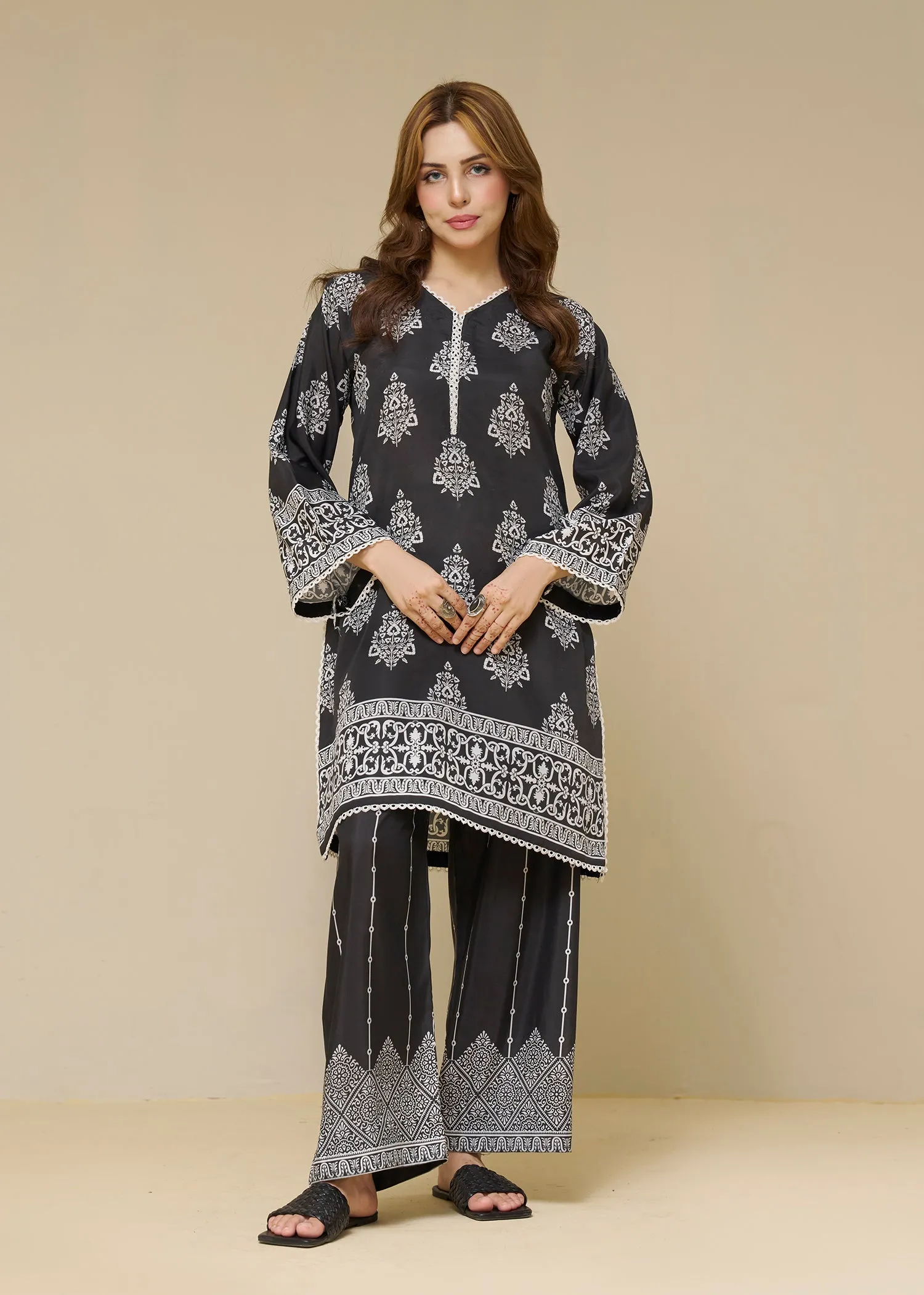 Poly Lawn Kurta Set in Black
