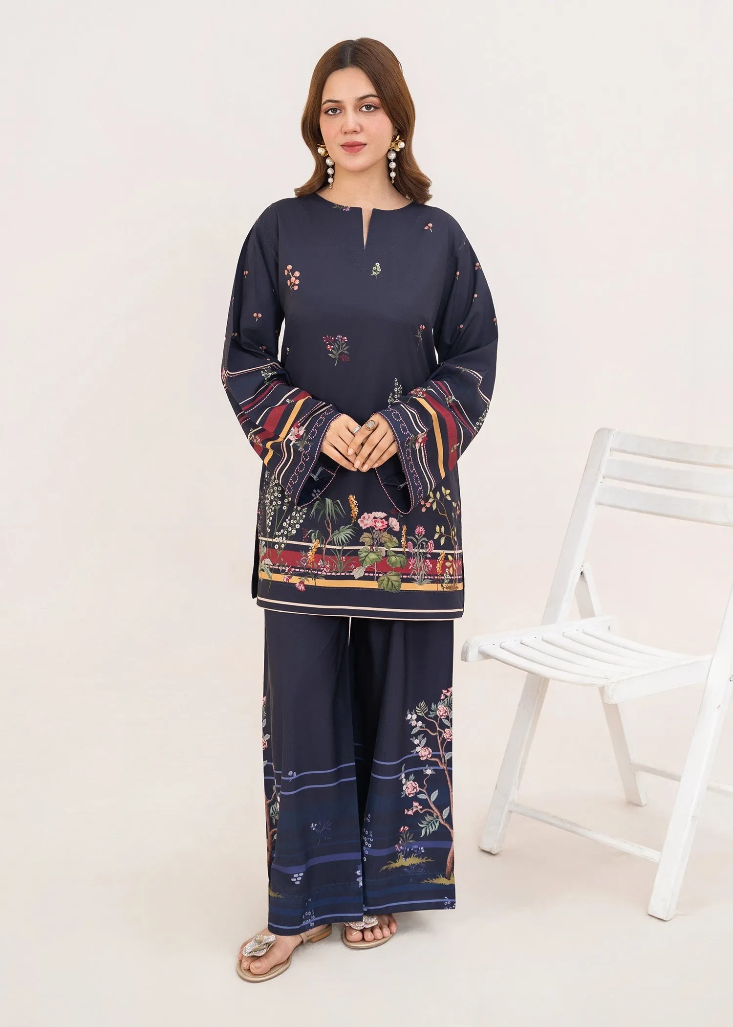 Poly Lawn Co-ord Set in Navy Blue