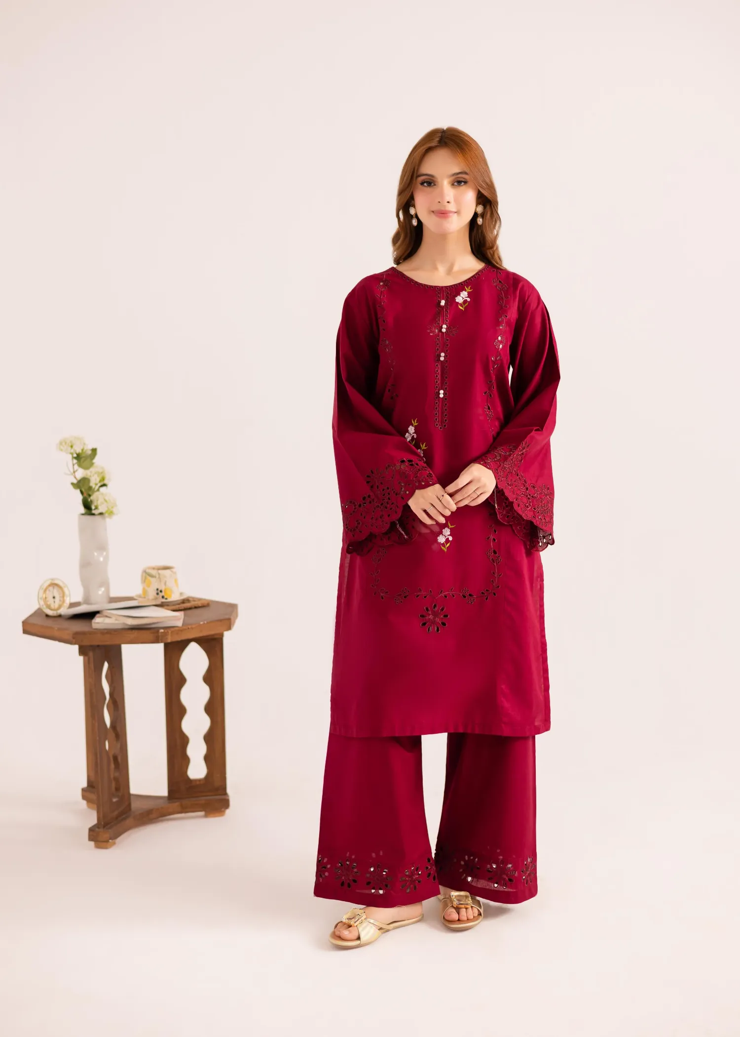 Lawn Kurta Set in Berry Red