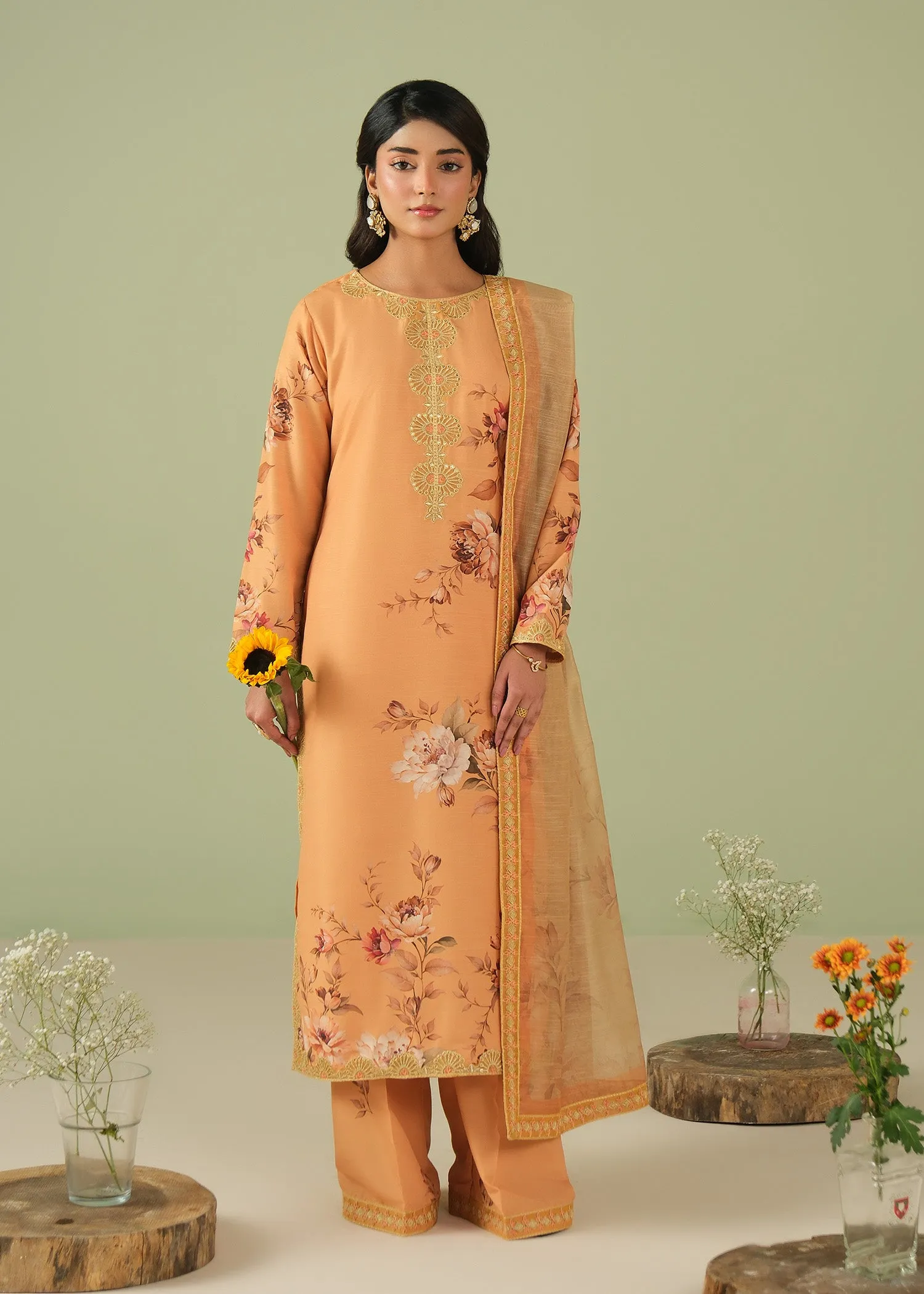 Embroidered Kurta Set in Yellow-Orange