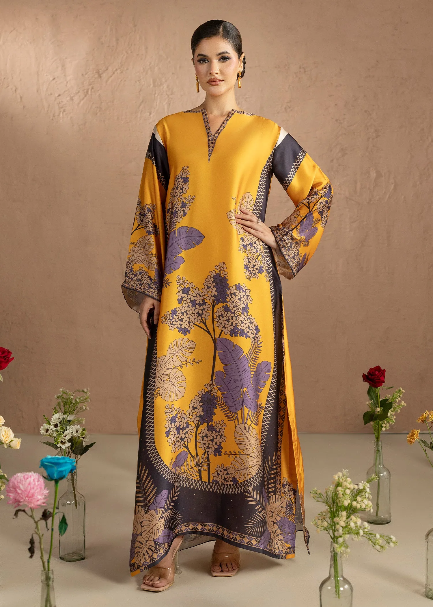 Silk Charmeuse Kaftan in Mustard