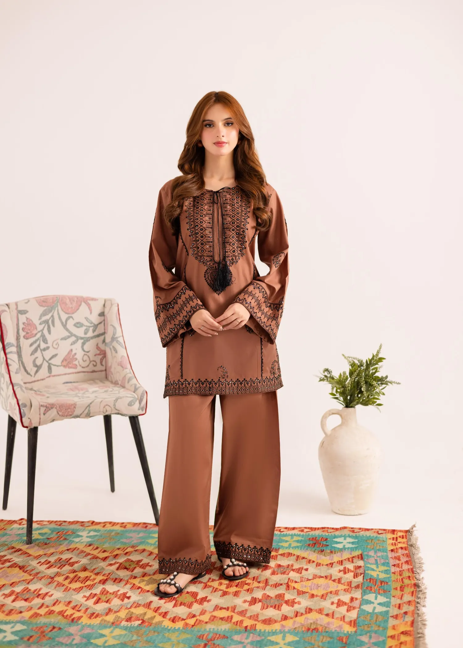 Lawn Kurta Set in Chocolate Brown