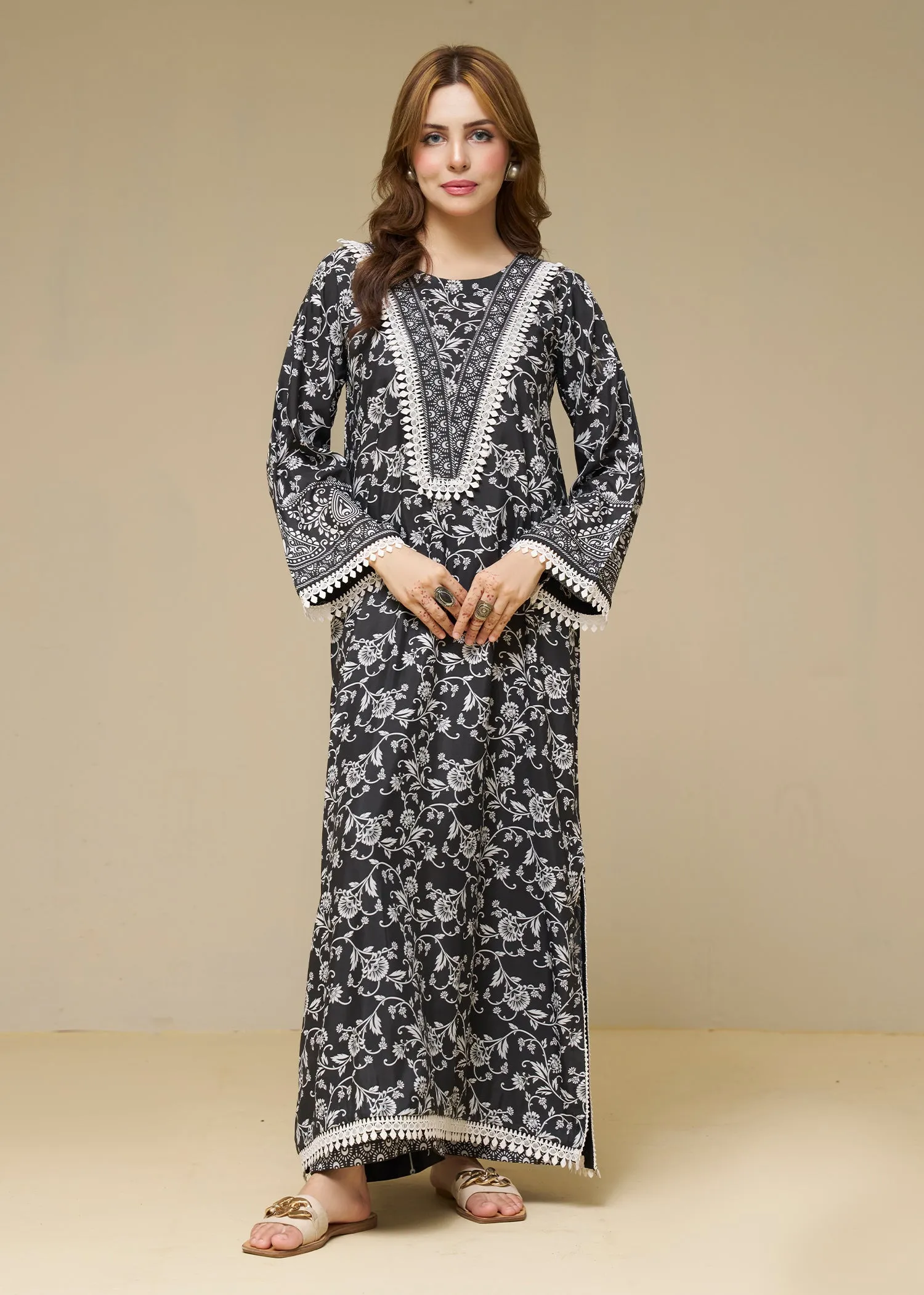 Poly Lawn Kurta Set in Black