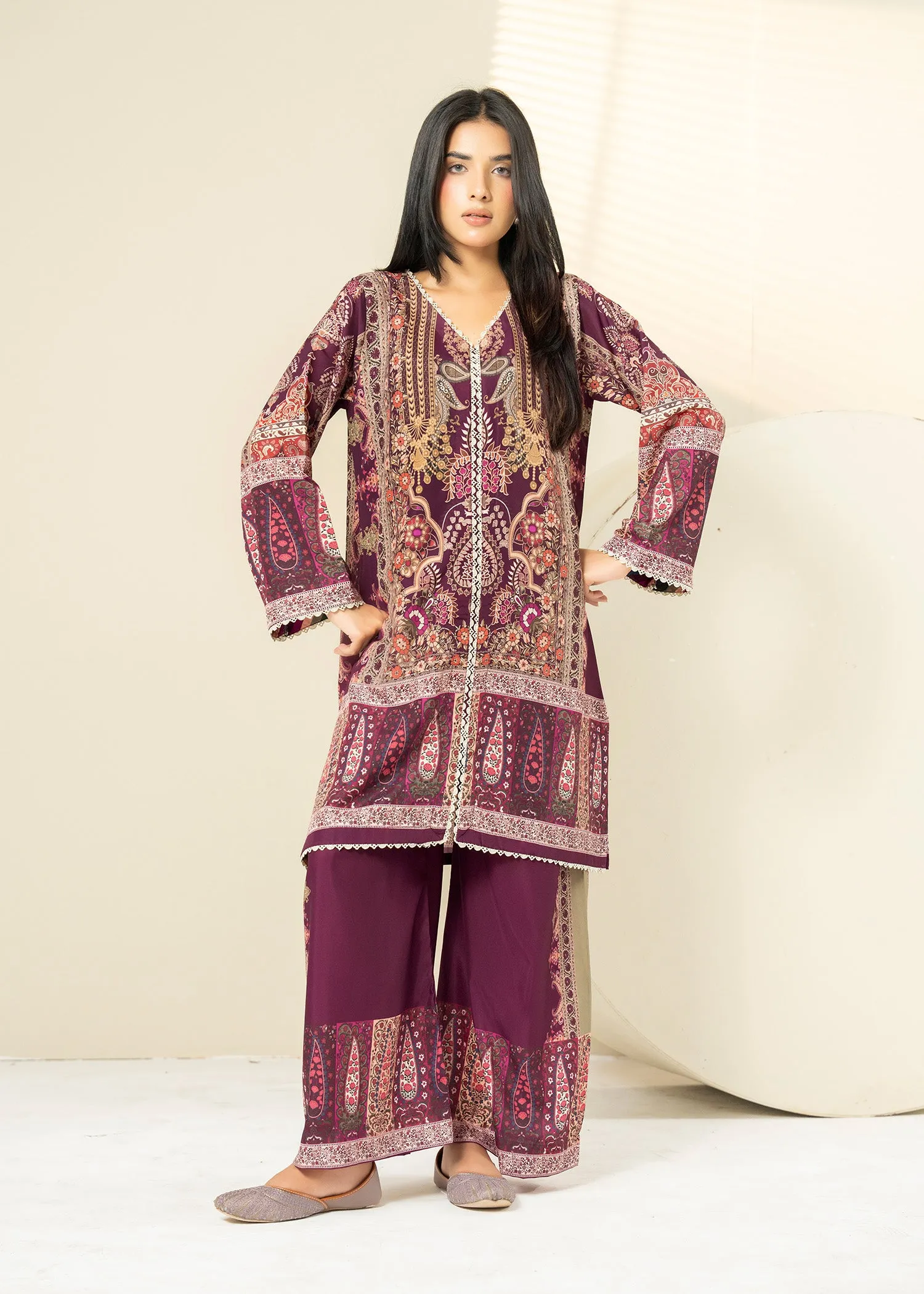 Lawn Kurta Set in Wine