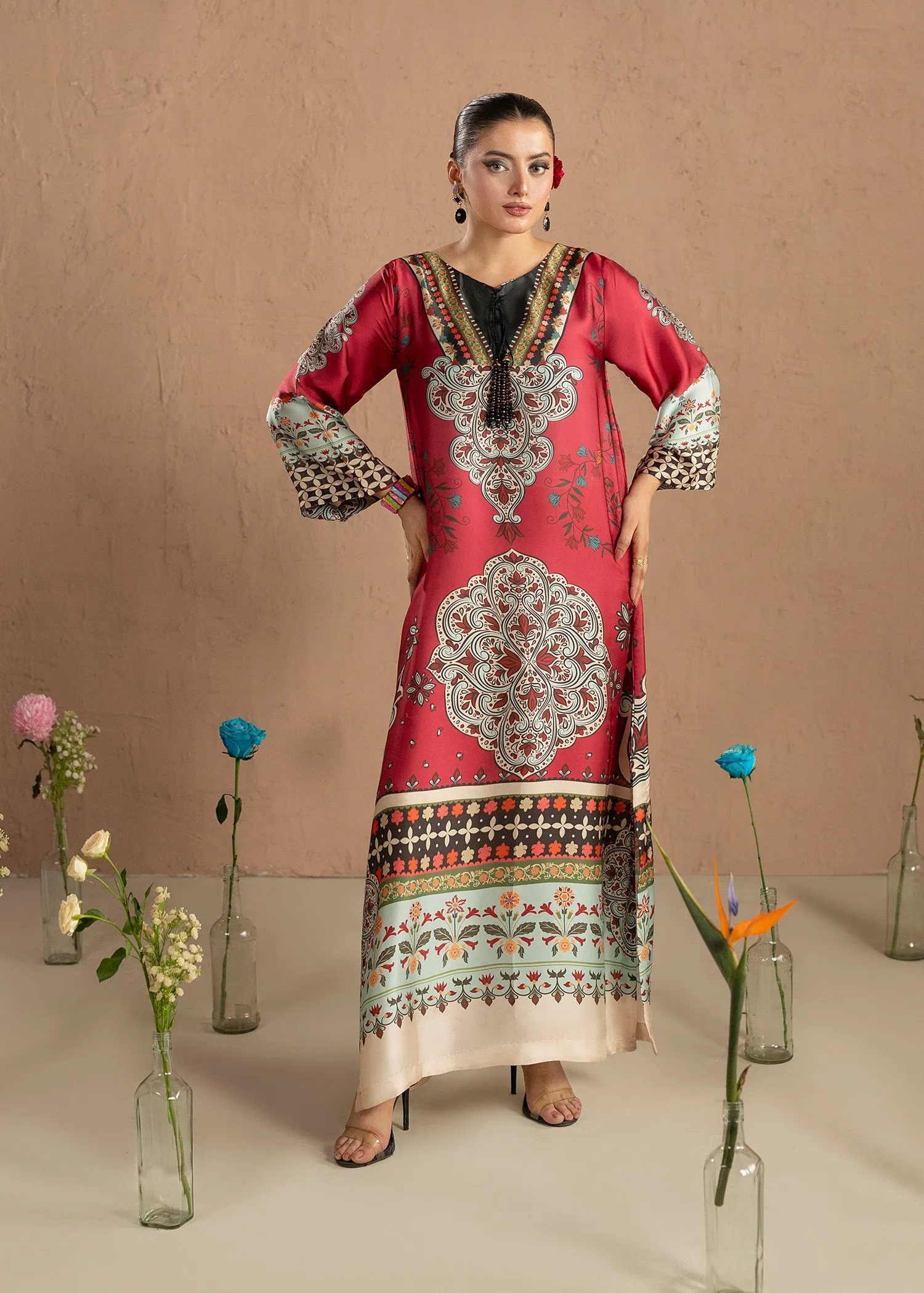 Silk Charmeuse Kaftan in Brick Red