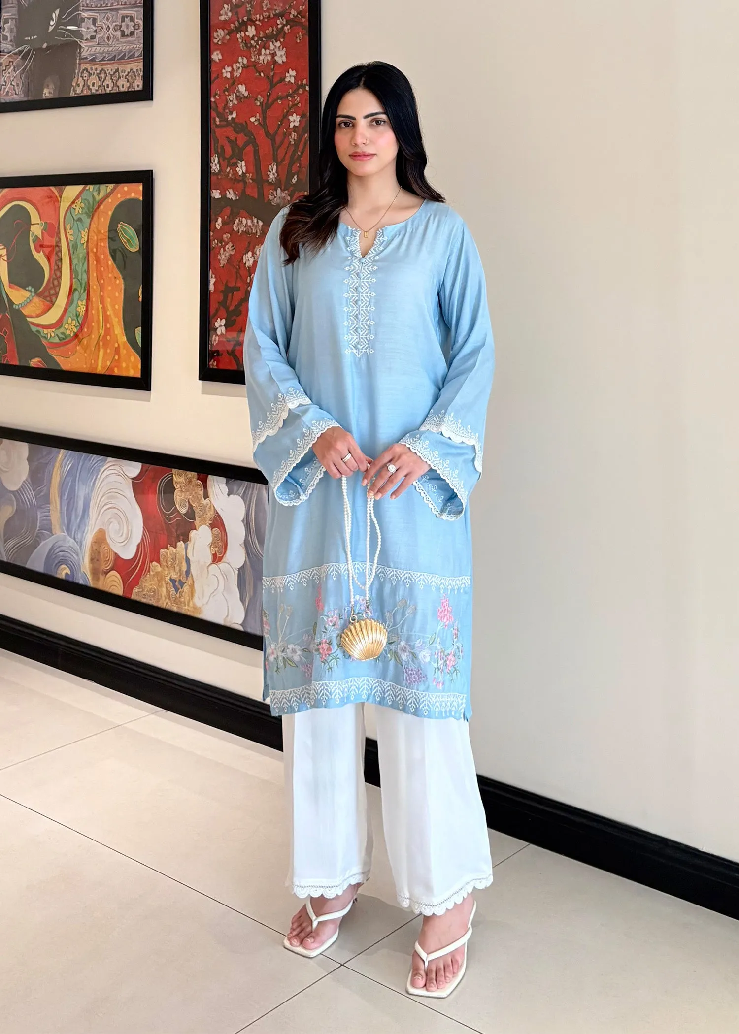 Embroidered Kurta Set in Sky Blue