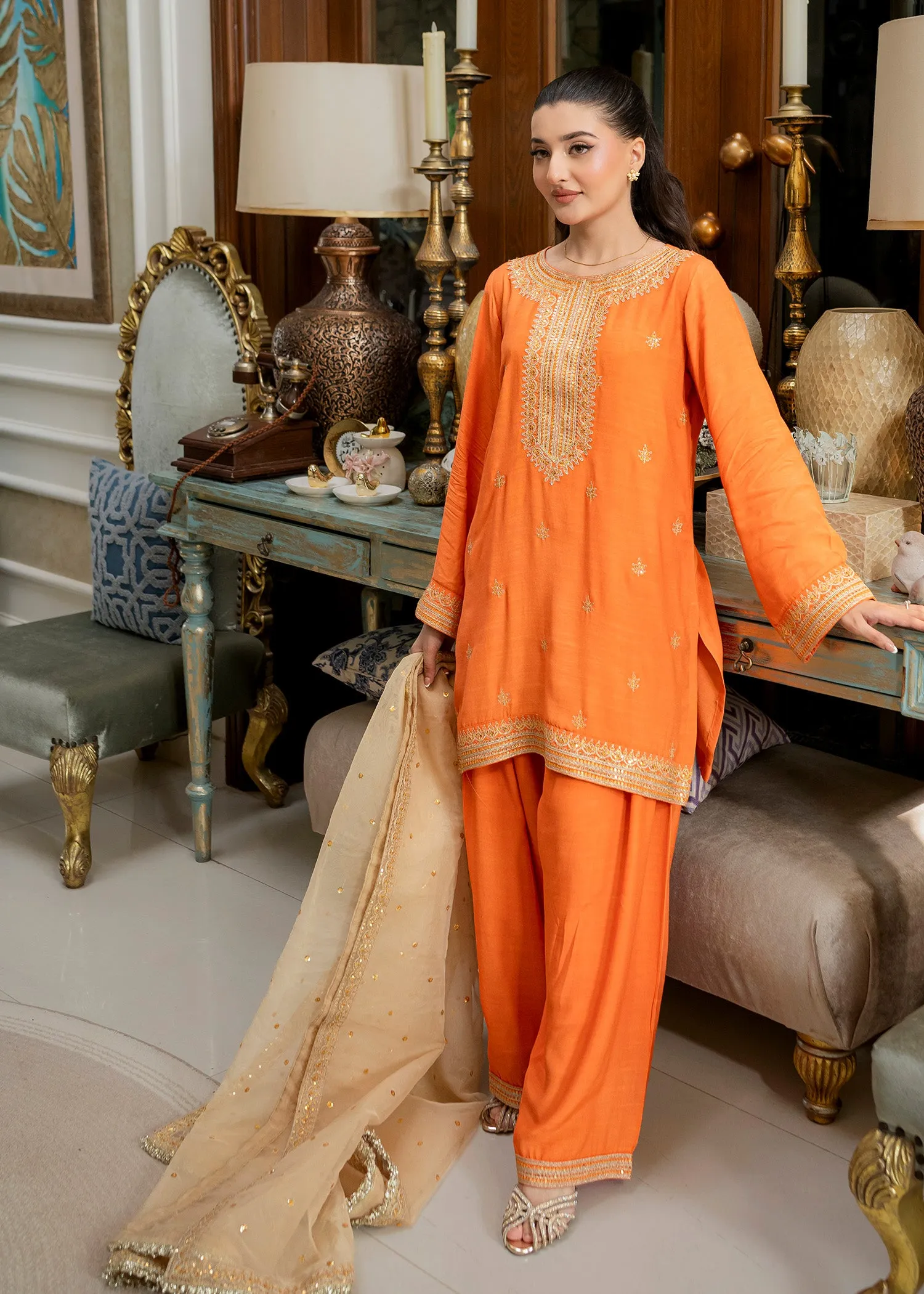 Embroidered Kurta Set in Orange