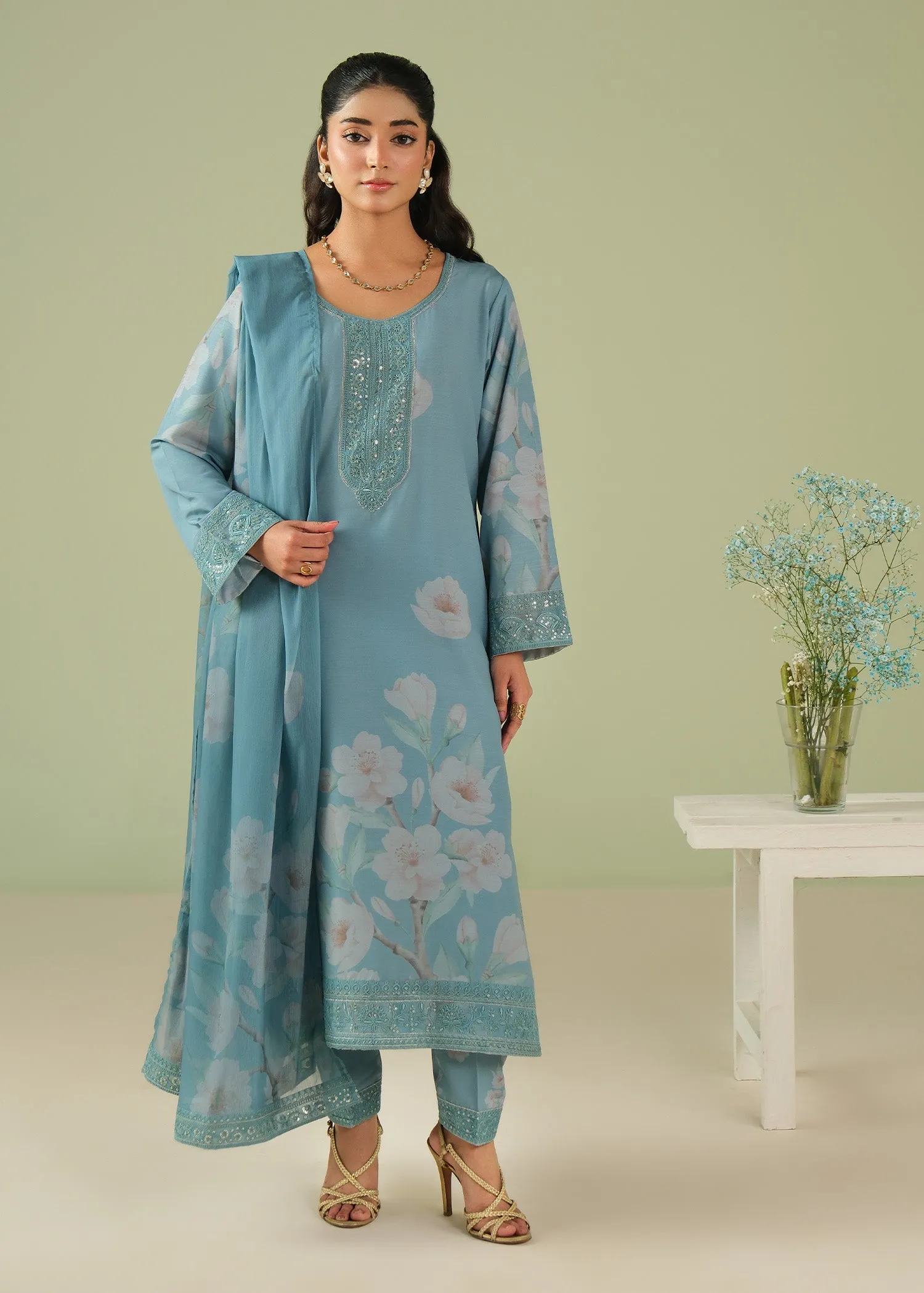Embroidered Kurta Set in Carolina Blue