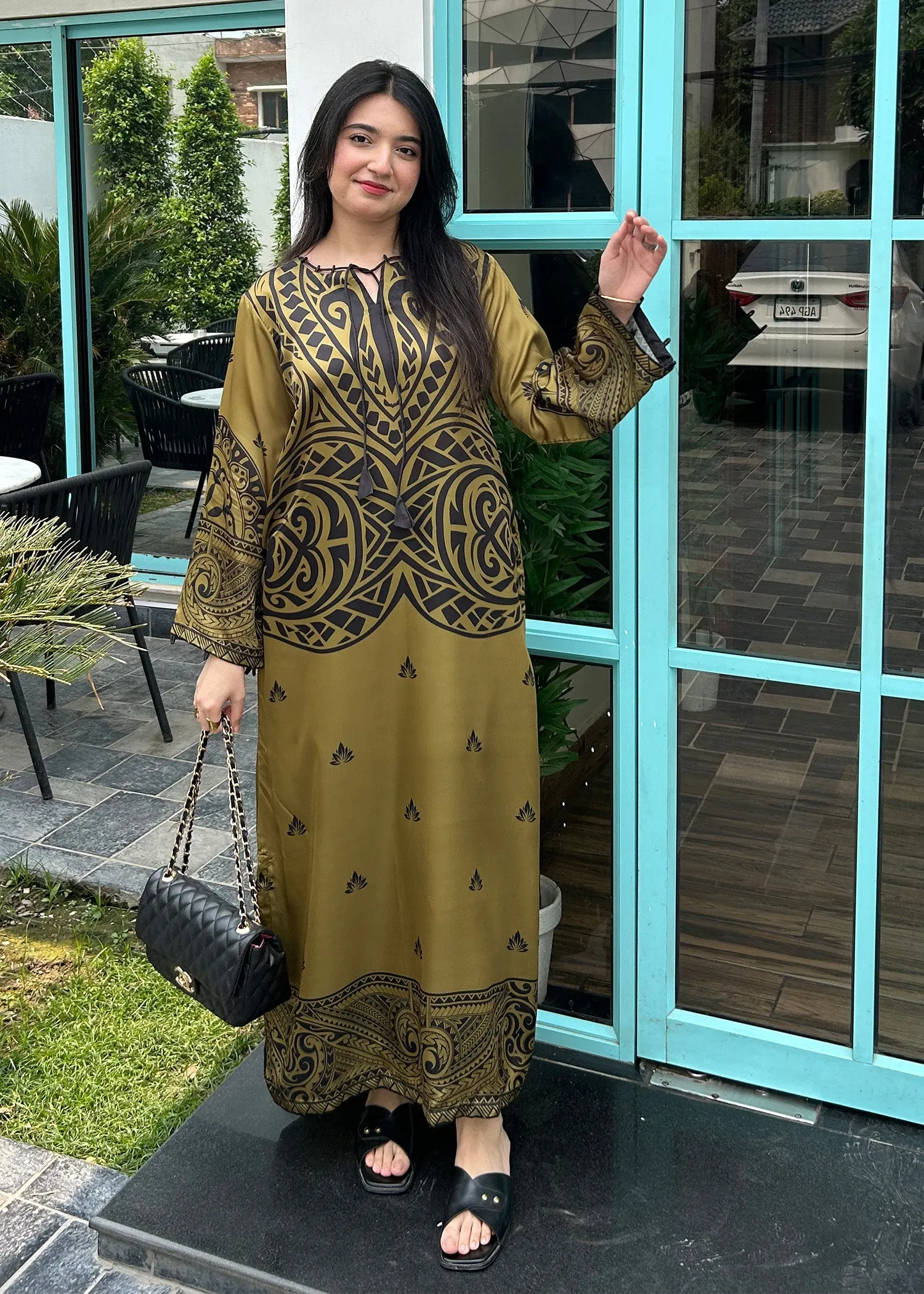 Printed Kaftan in Olive Green