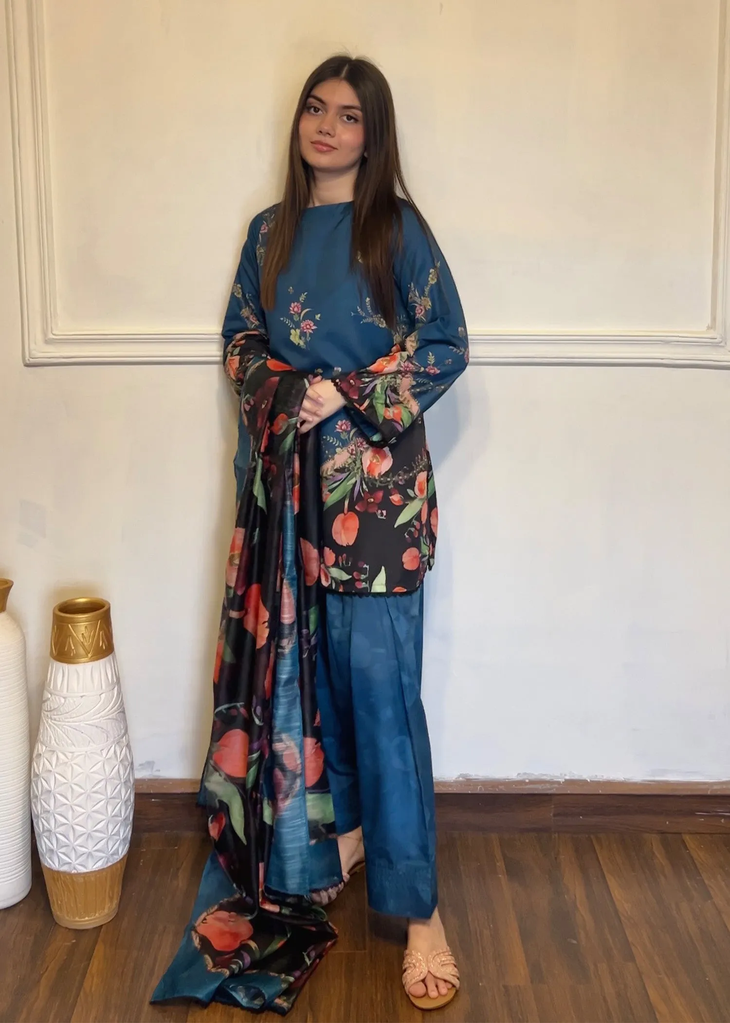 Printed Kurta Set in Steel Teal