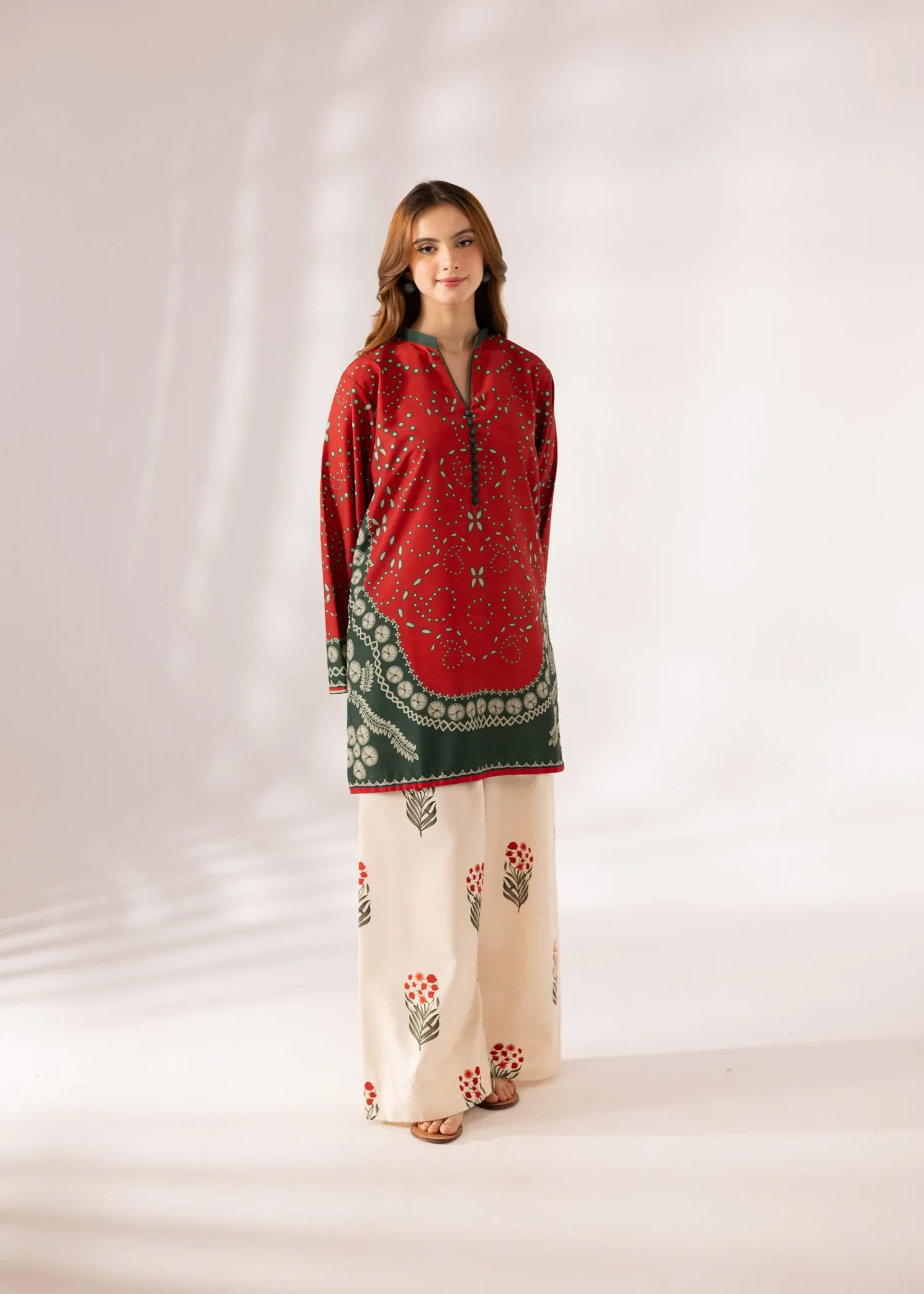 Poly Lawn Kurta Set in Blood Red