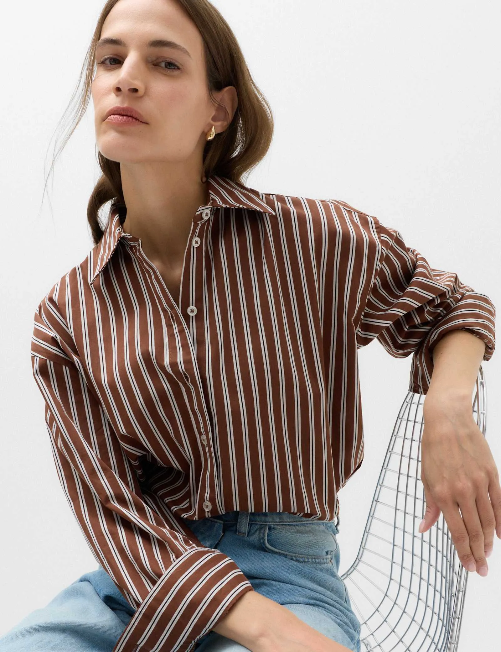 Pure Cotton Oversized Striped Shirt in Brown Mix