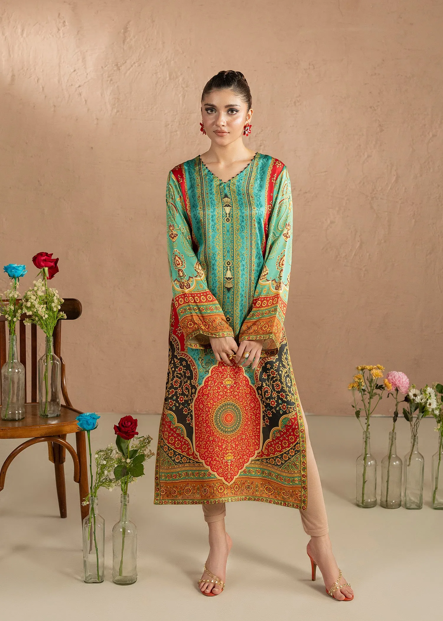 Silk Charmeuse Kaftan in Multi