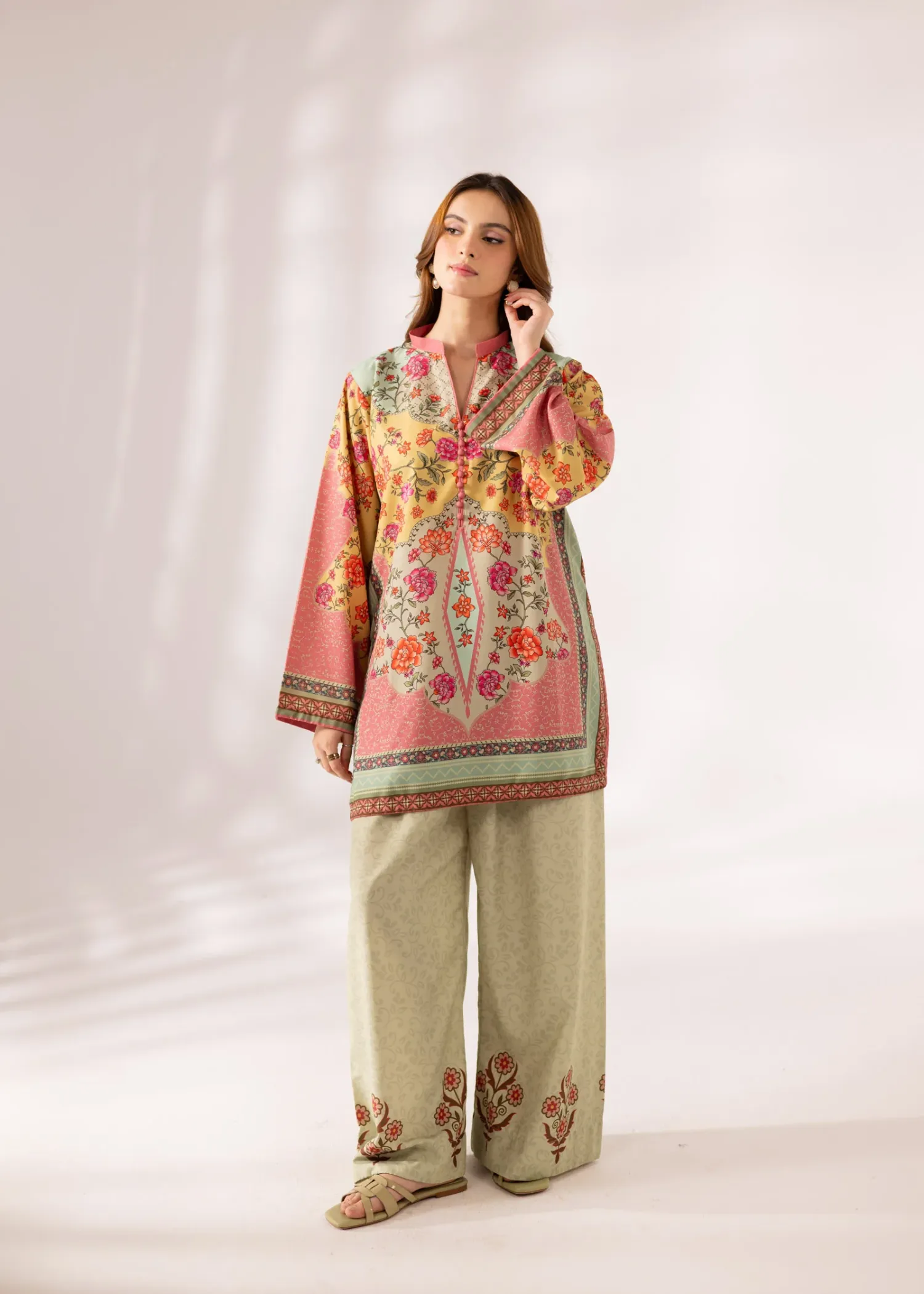 Poly Lawn Kurta Set in Peach Pink