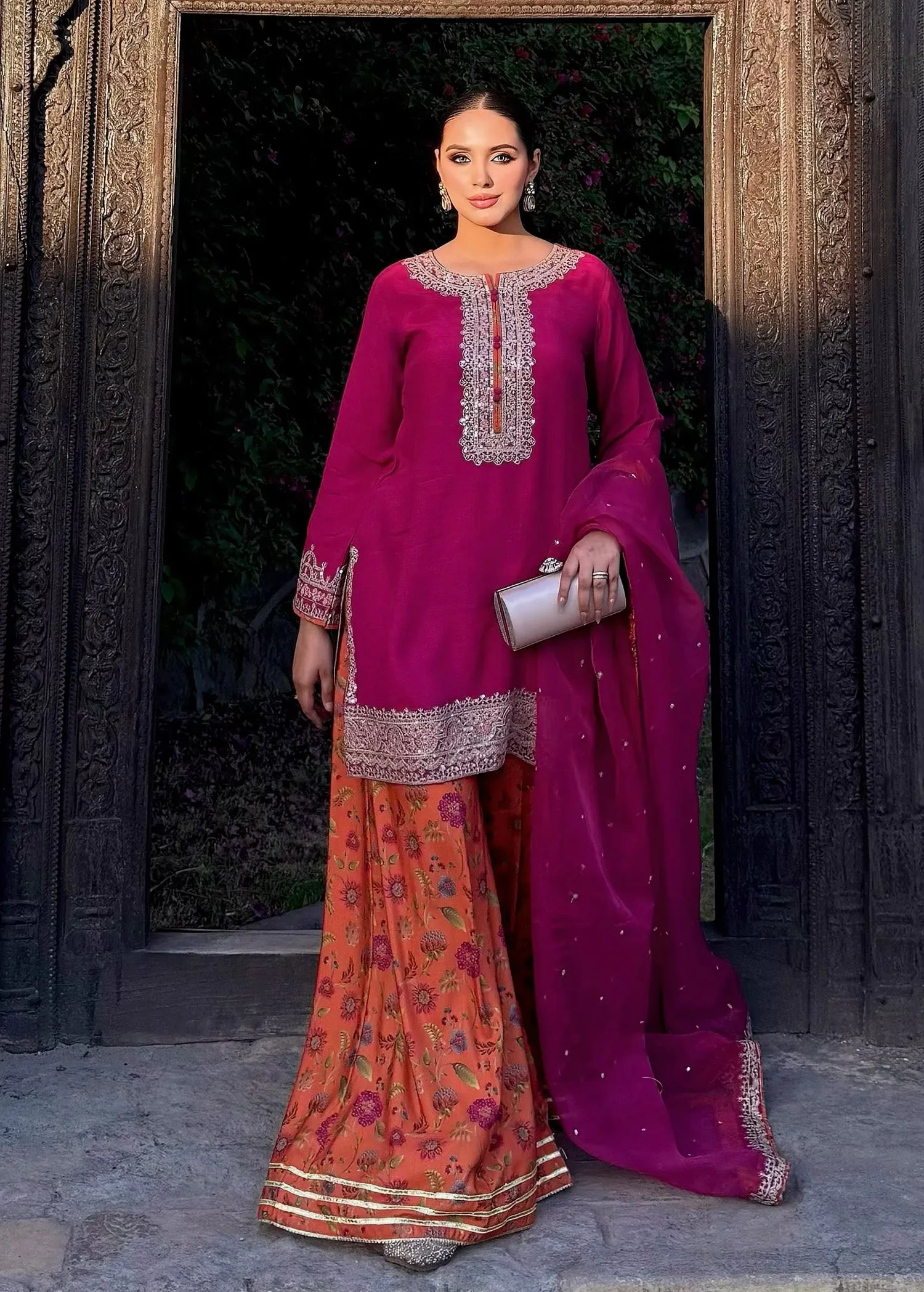 Embroidered Kurta Set in Hot Pink