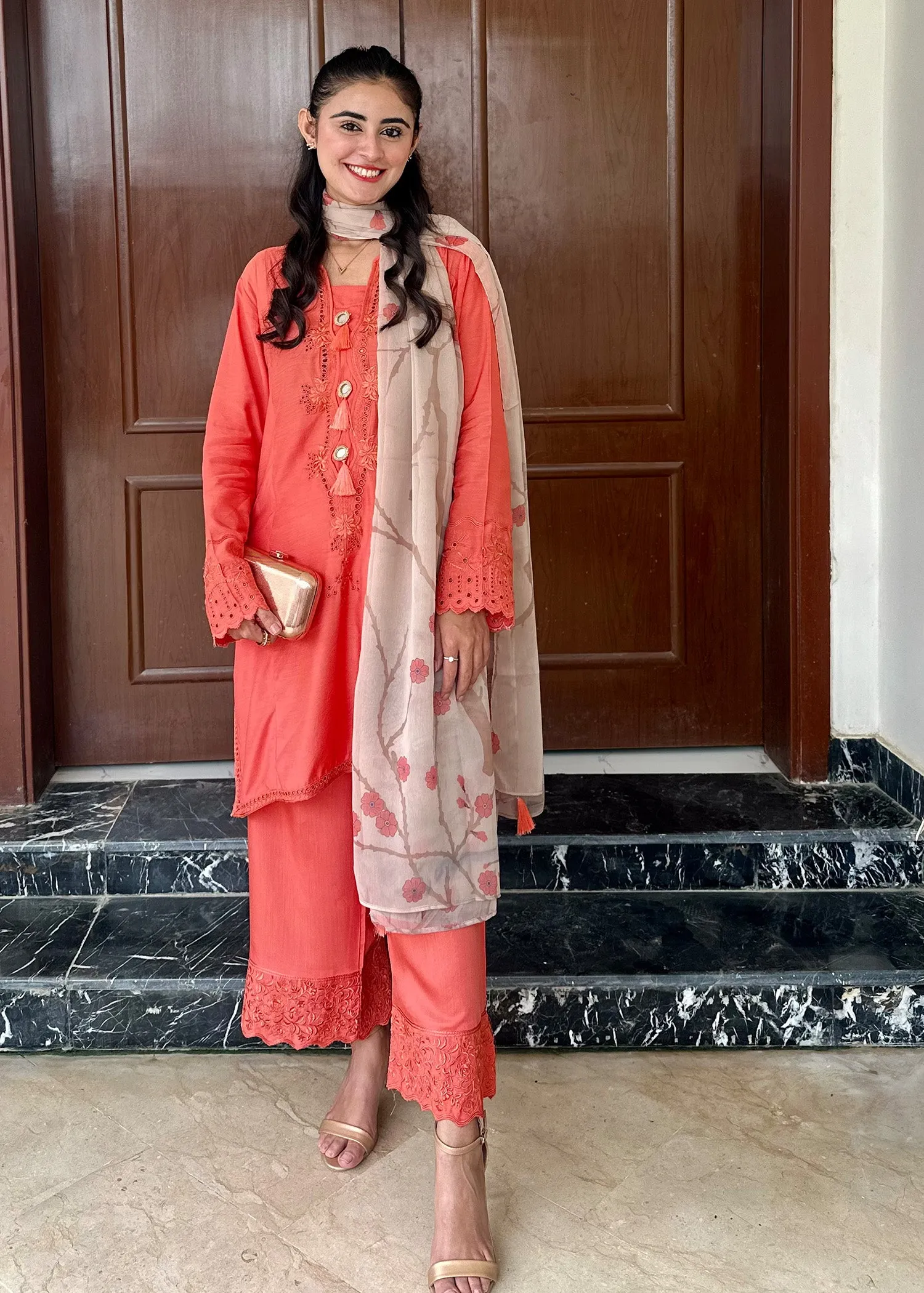 Silk Kurta Set in Coral Orange
