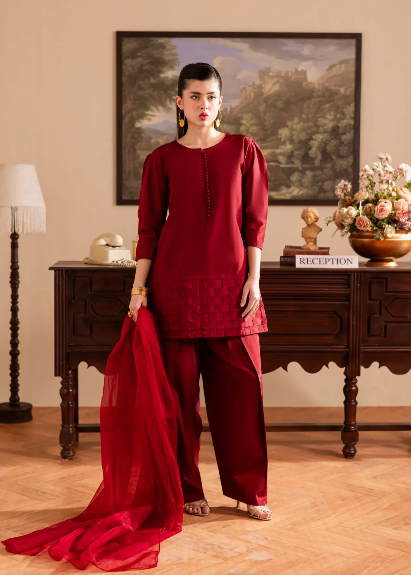 Poly Silk Kurta Set in Burnt Red