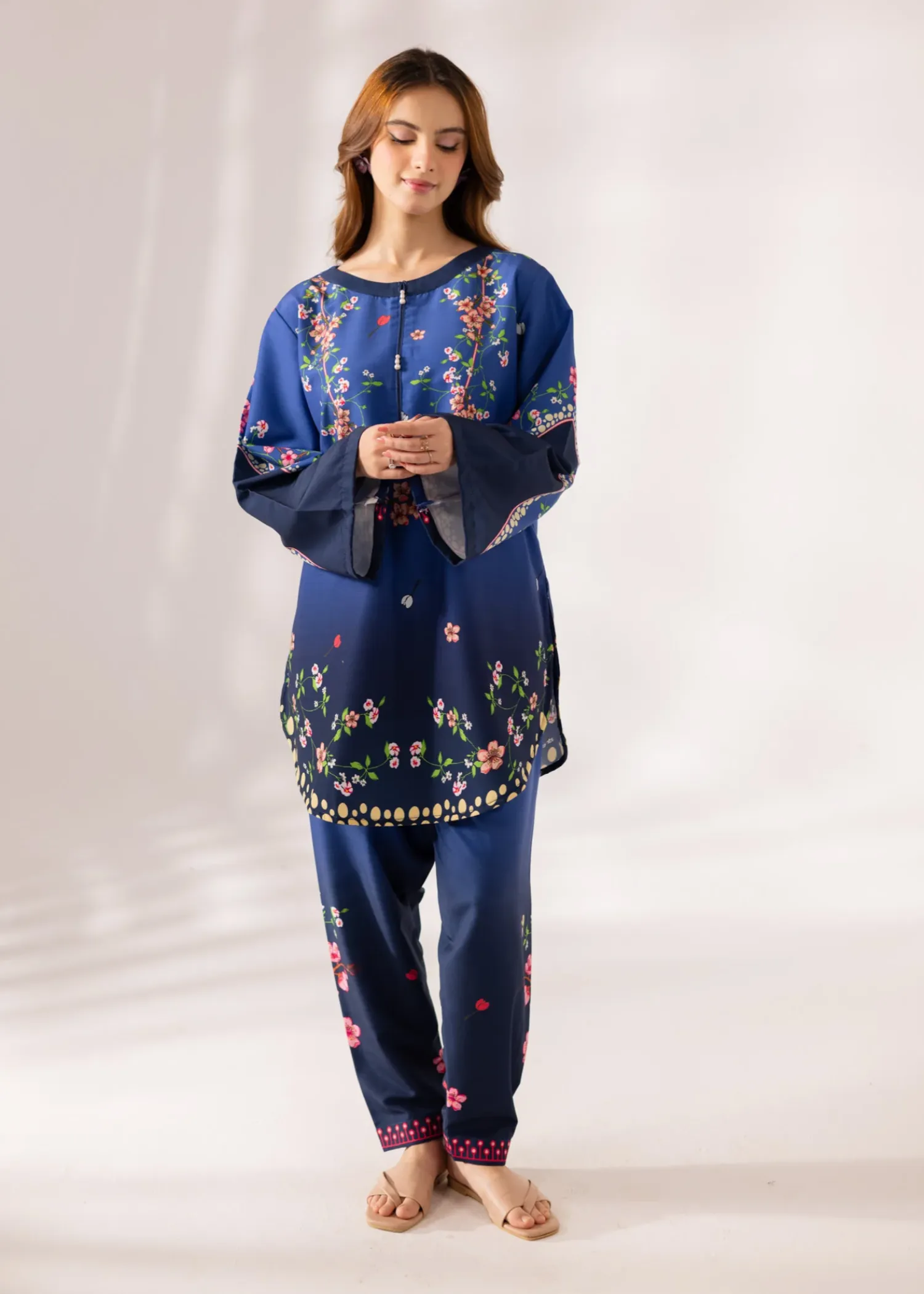 Blended Khaddar Kurta Set in Navy Blue