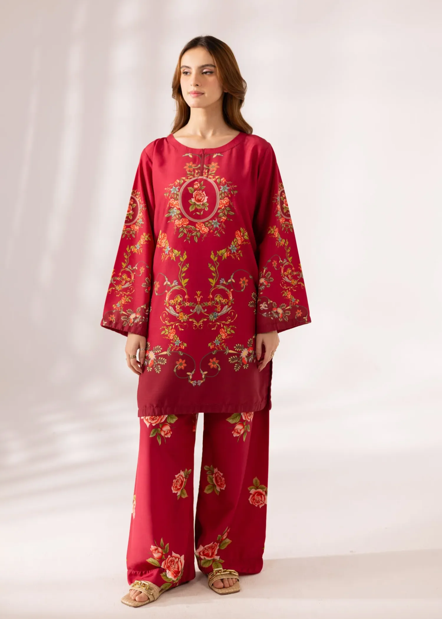 Slub Khaddar Co-ord Set in Cardinal Red
