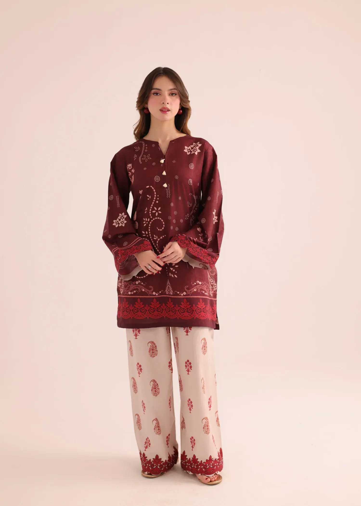 Poly Lawn Kurta Set in Blood Red