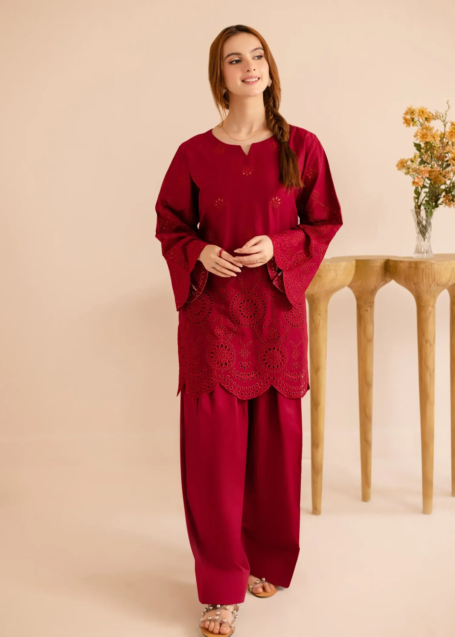 Lawn Kurta Set in Fire Red