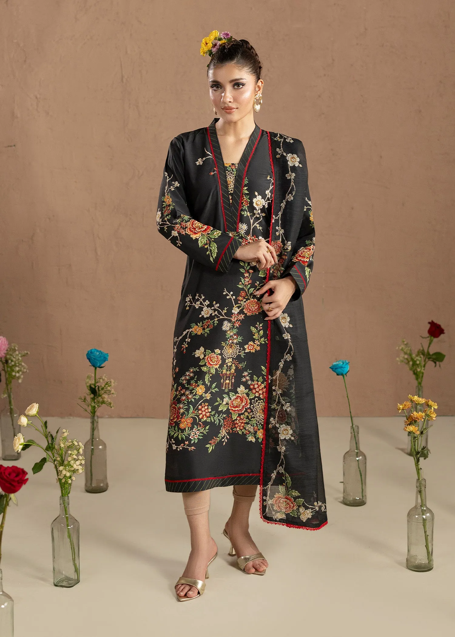 Raw Silk Kaftan in Black