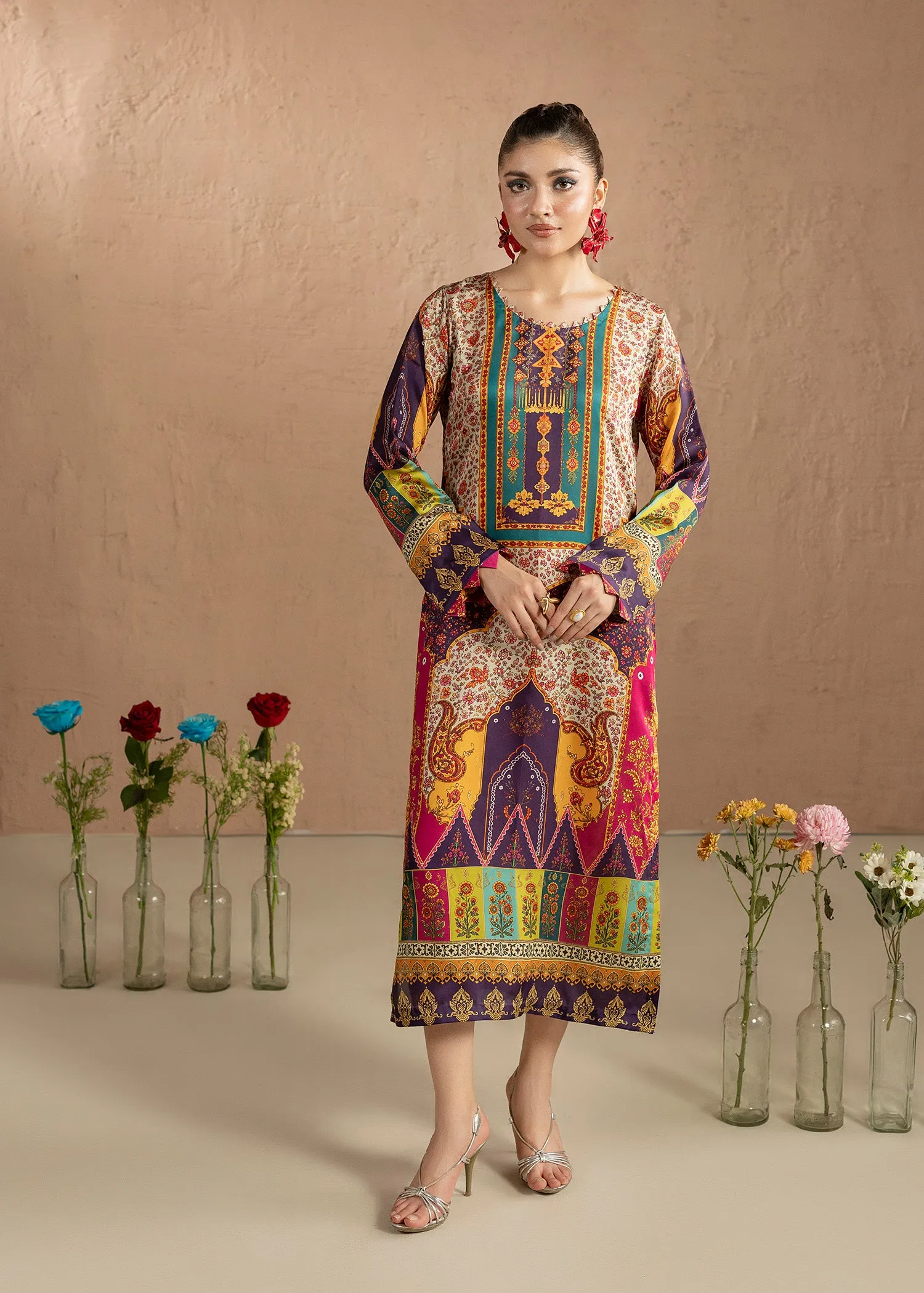 Silk Charmeuse Kaftan in Multi