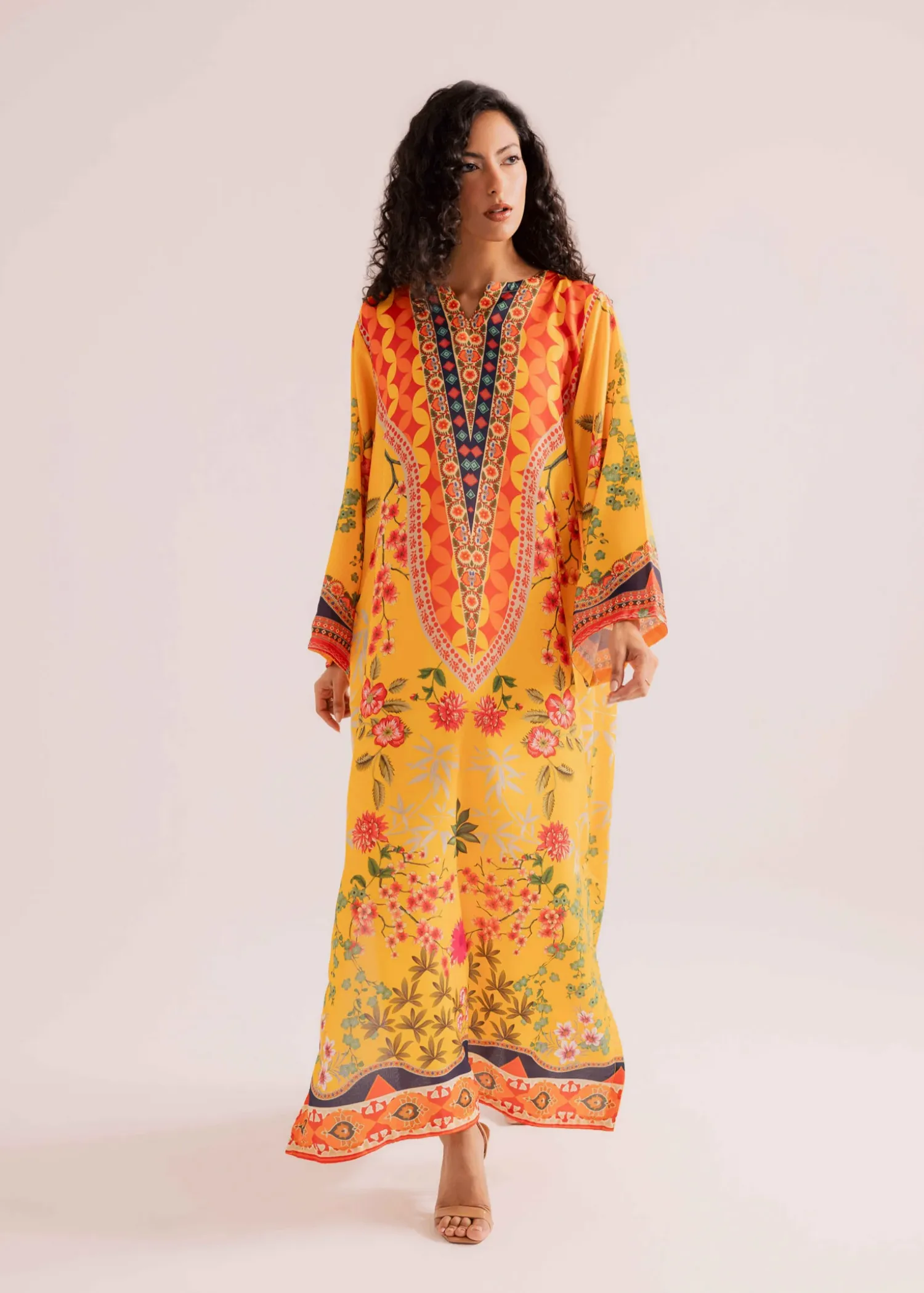 Raw Silk Kaftan in Honey