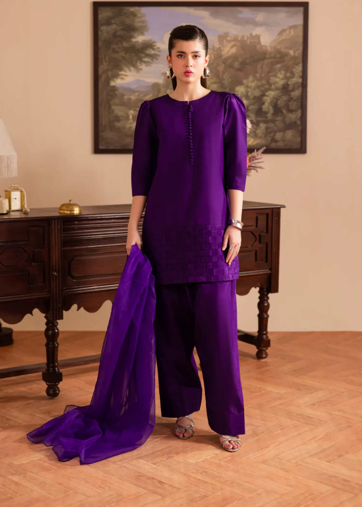 Poly Silk Kurta Set in Purple