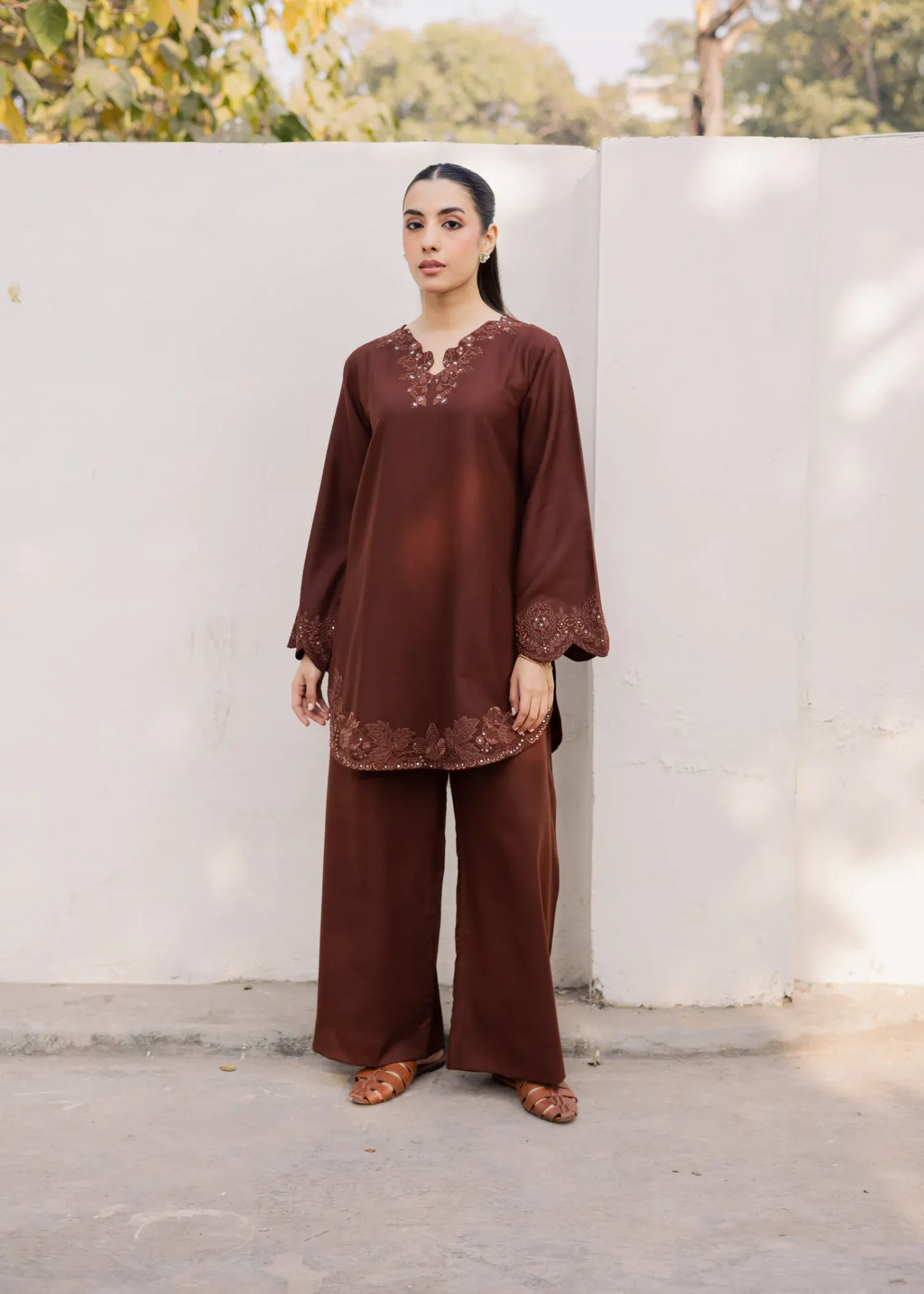 Lawn Kurta Set in Saddle Brown