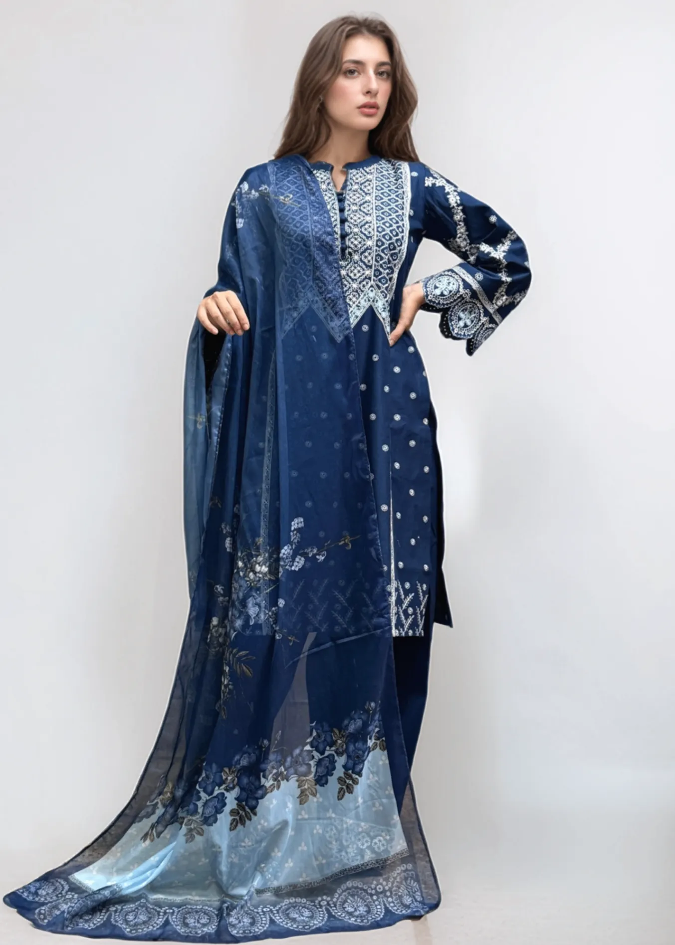 Embroidered Kurta Set in Dark Blue