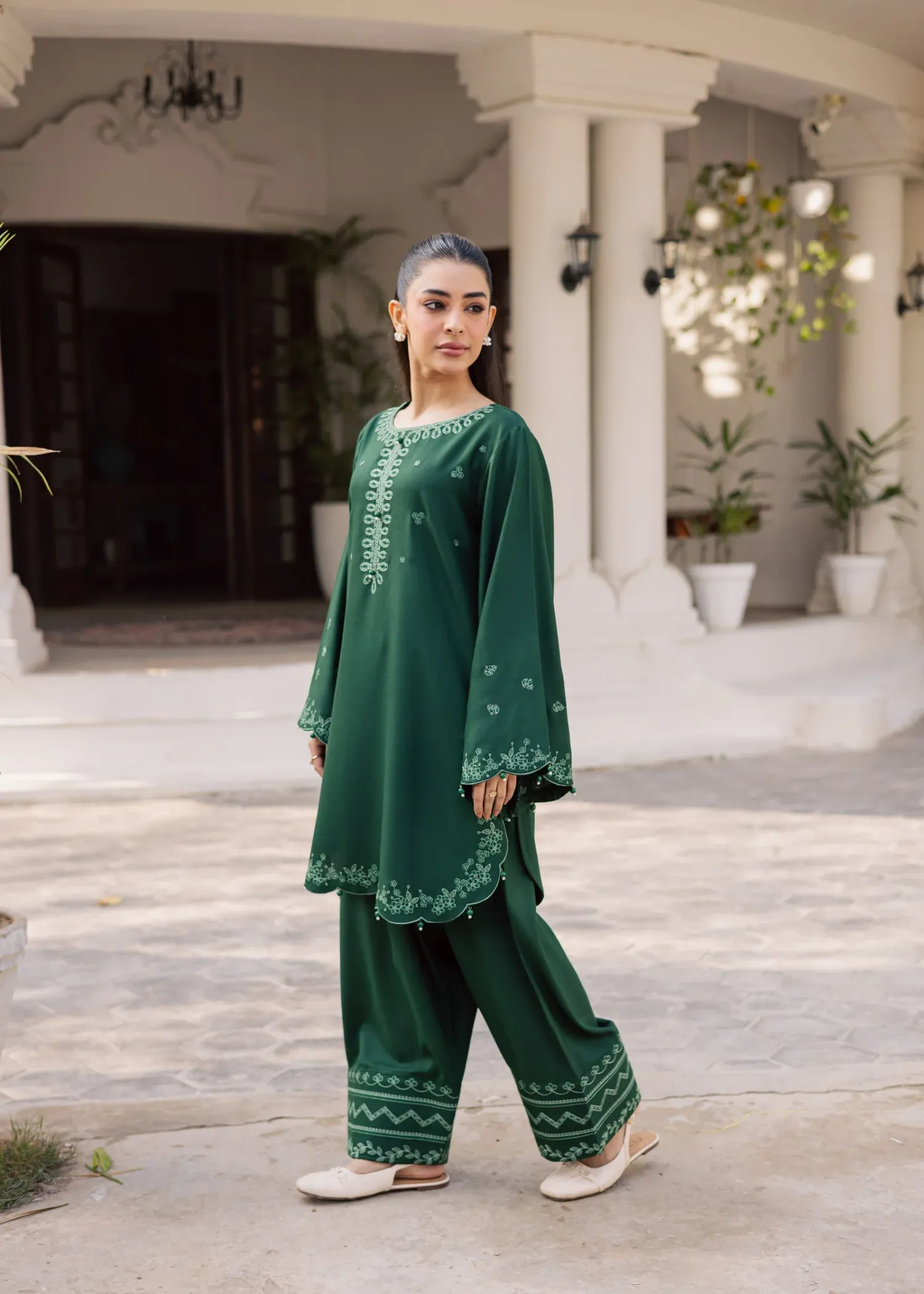 Lawn Kurta Set in Bottle Green