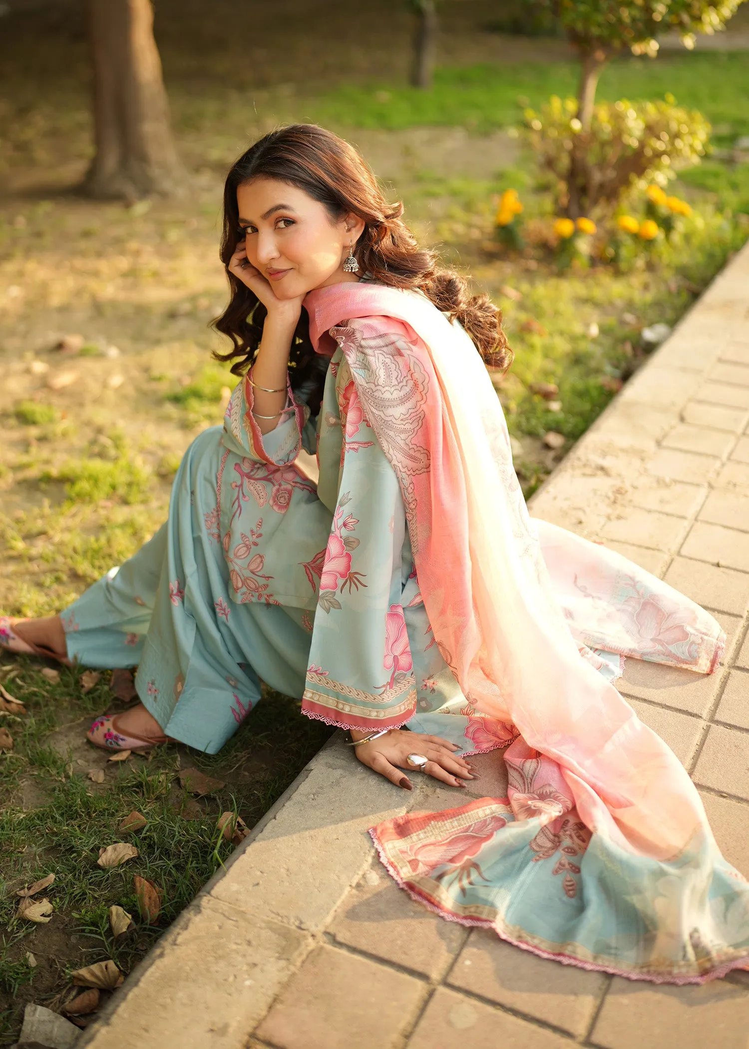 Printed Kurta Set in Sky Blue