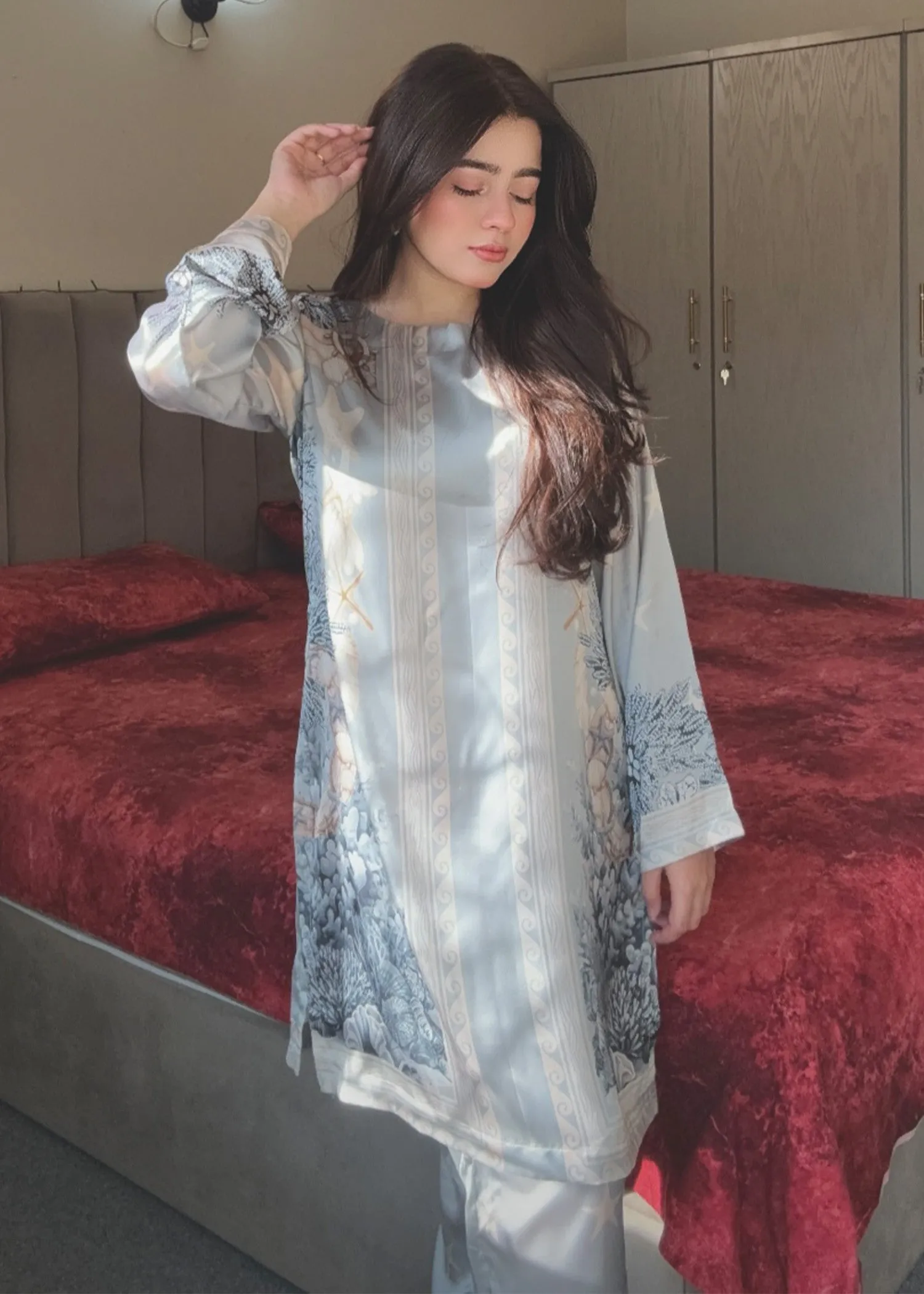 Printed Kurta Set in Sky Blue