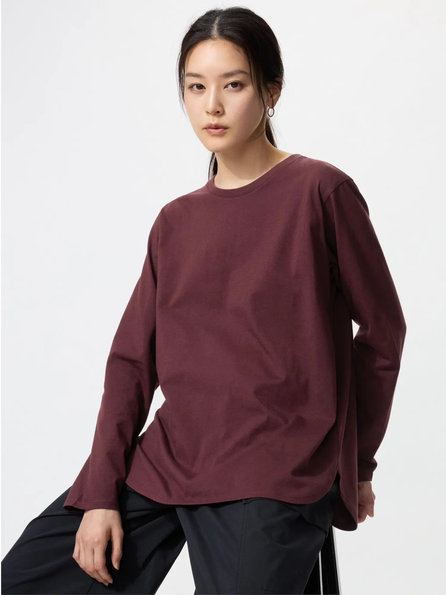 Soft Cotton Round Hem T-shirt  | Long Sleeve in Wine