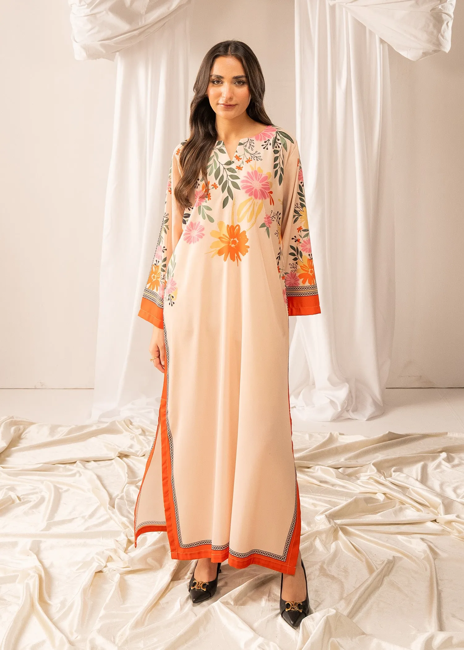 Lawn Kaftan in Peach Orange