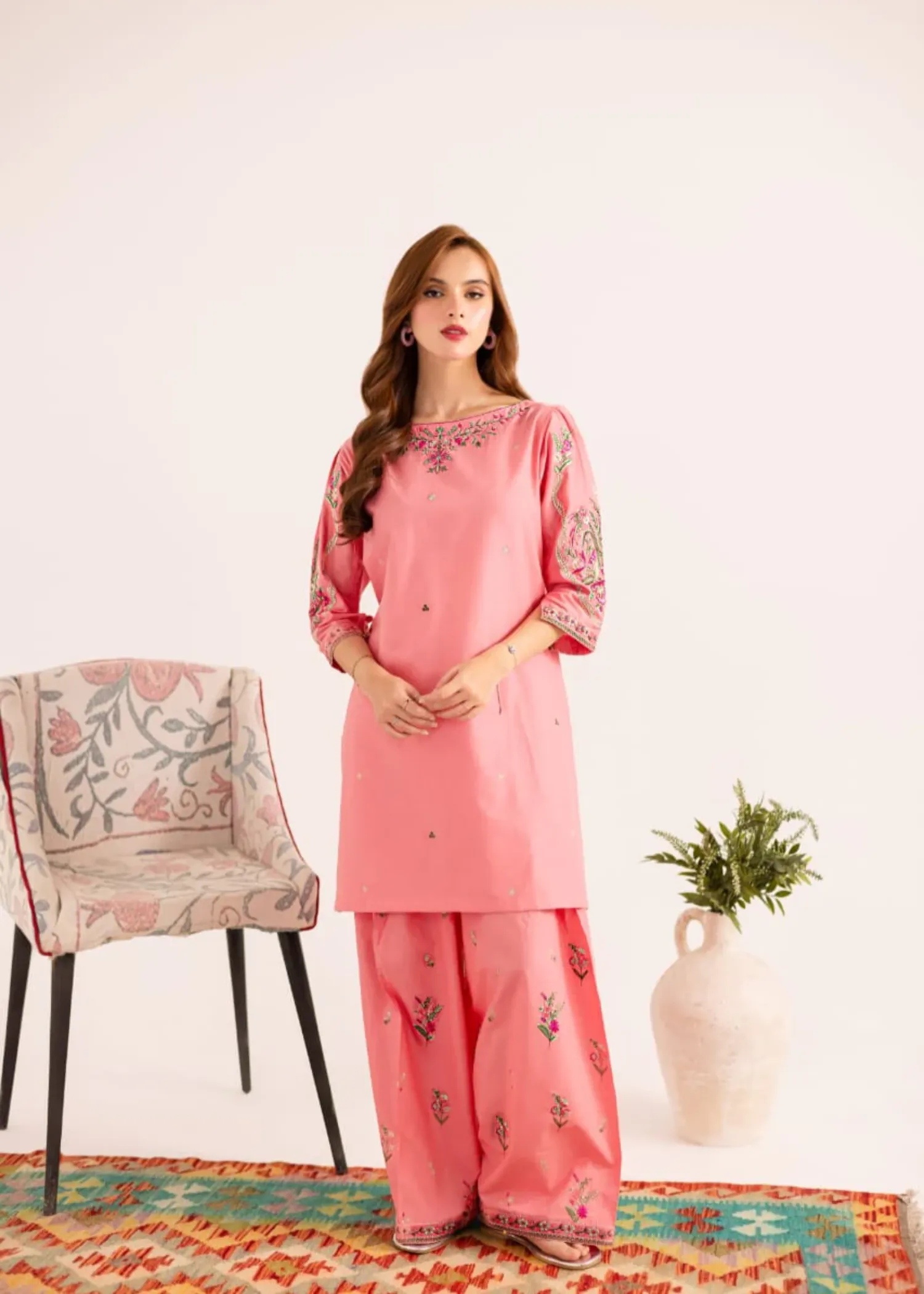 Cotton Kurta Set in Watermelon Pink