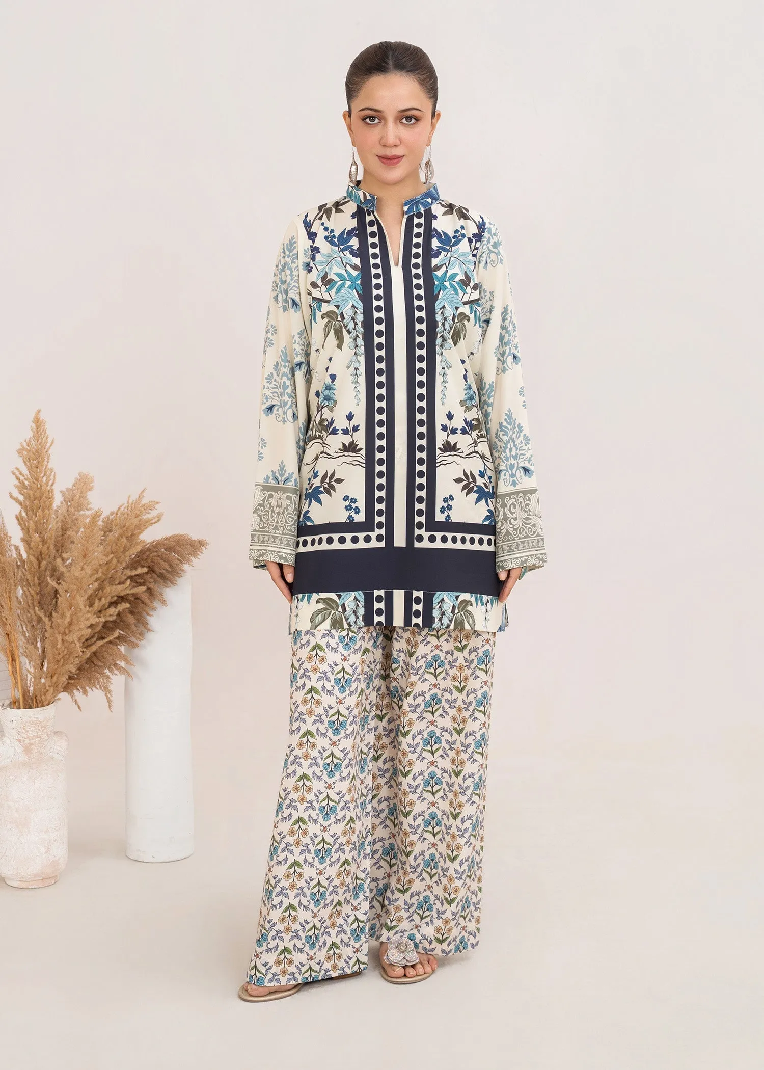Poly Lawn Kurta Set in Light Blue
